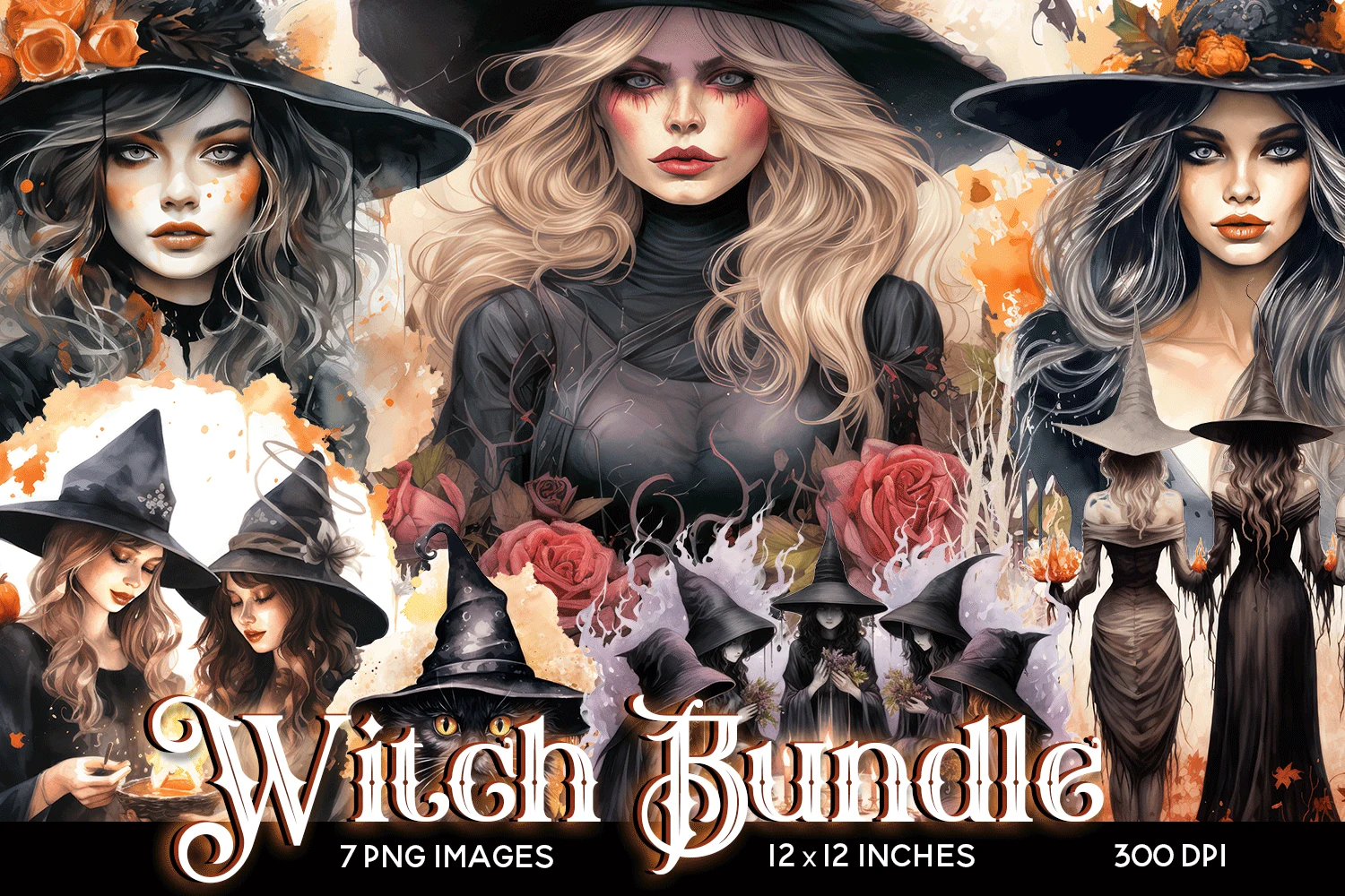 Mini Halloween Witch Clipart Bundle featuring witches and women