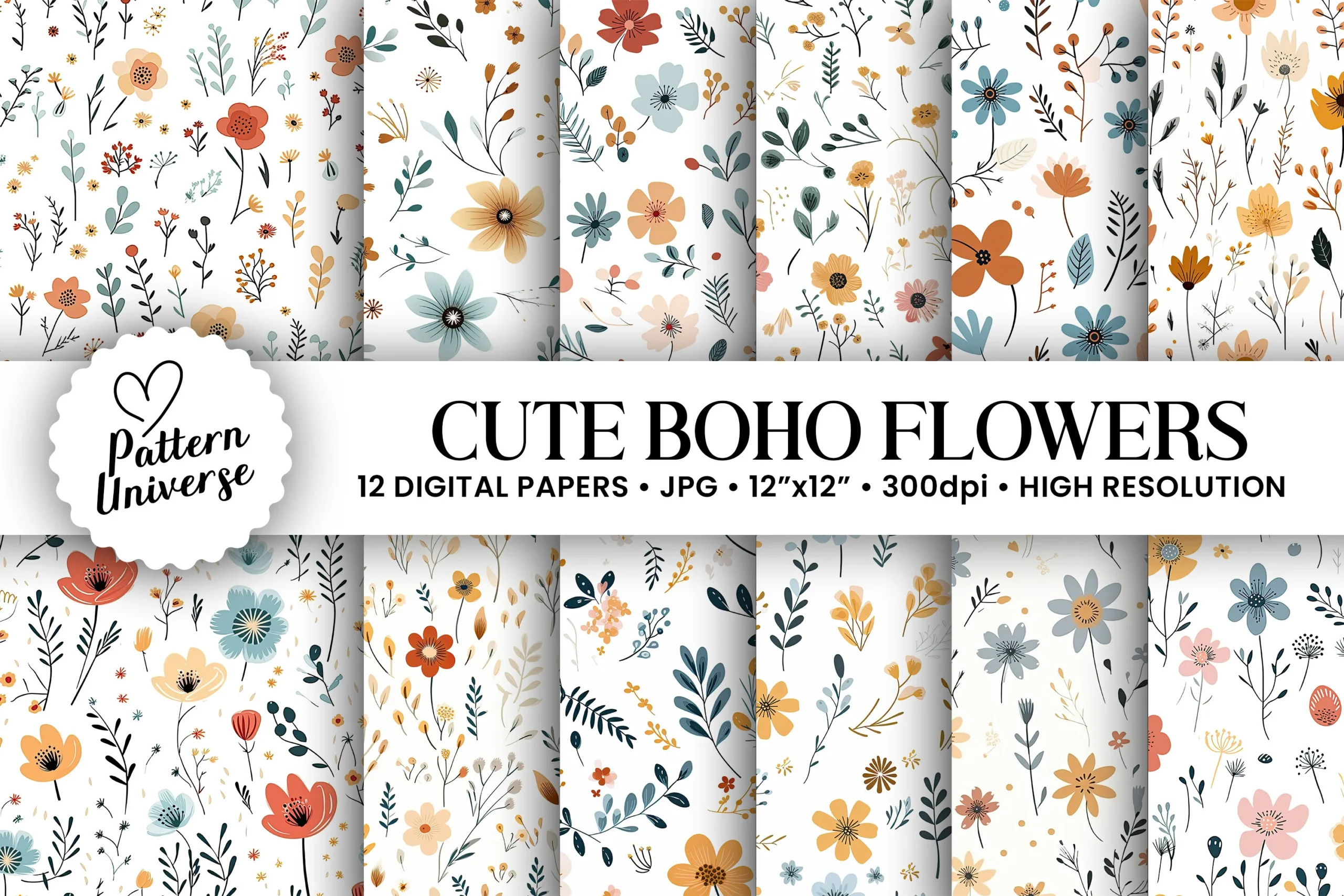 Minimal Boho Flowers Seamless Patterns featuring wildflowers and botanical stems