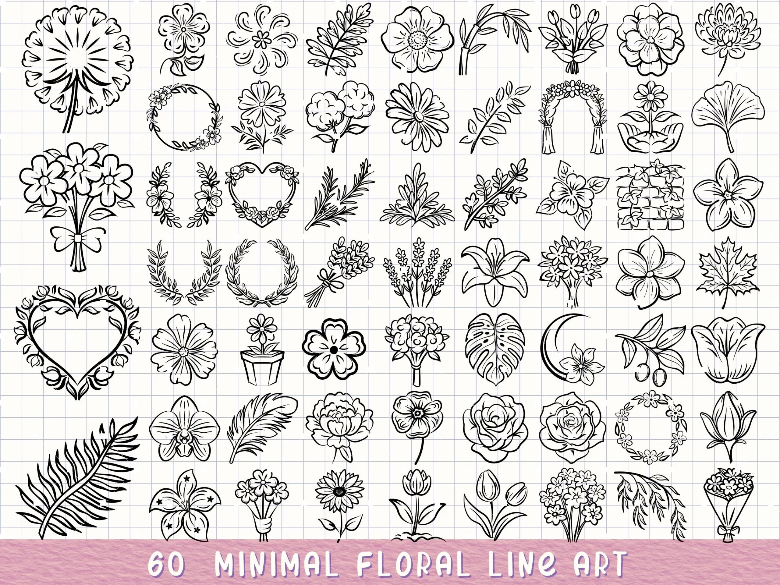 Minimal Flower Svg Hand-Drawn Floral Set featuring flowers and leaves