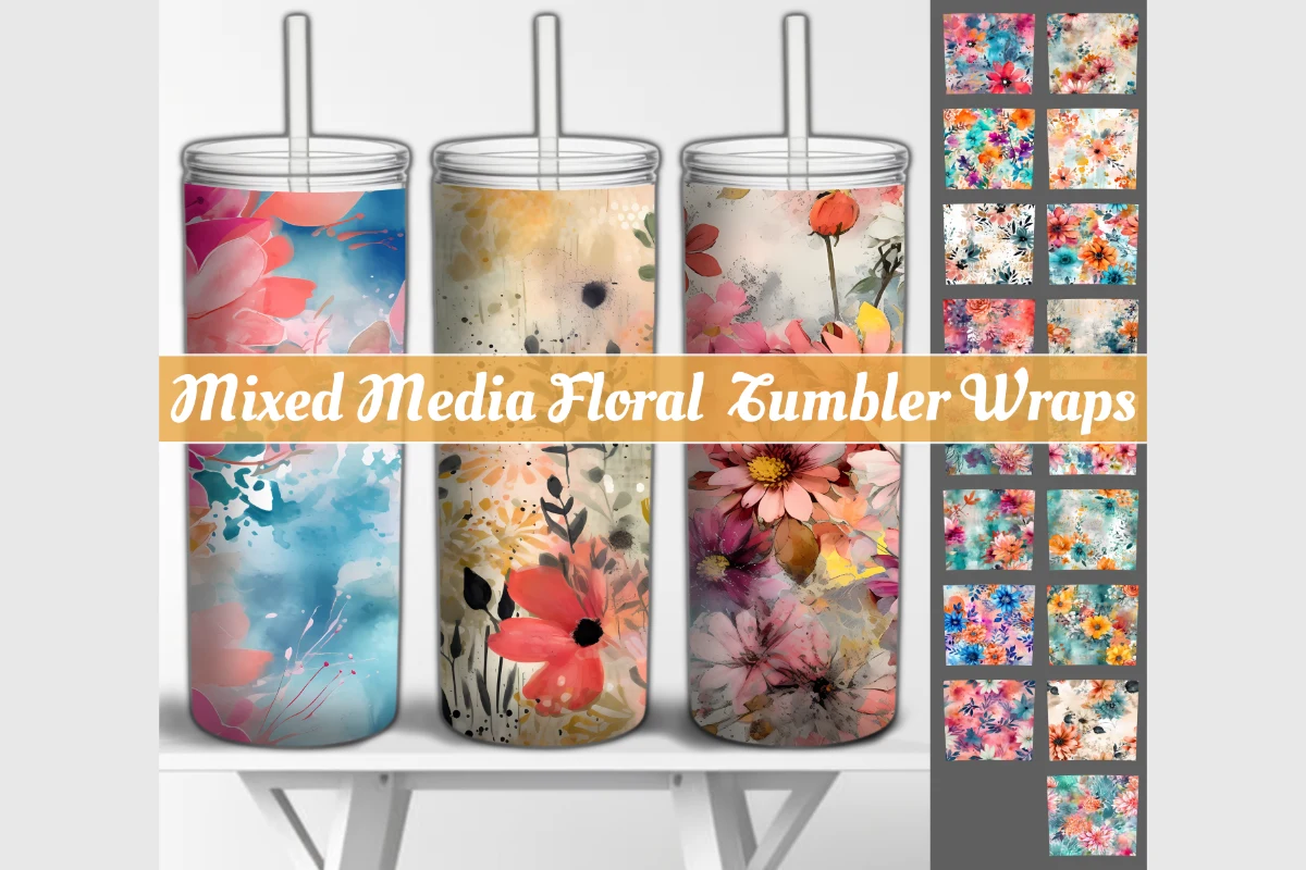 Mixed Media Floral Tumbler Wraps Bundle preview showing botanical motifs with composition
