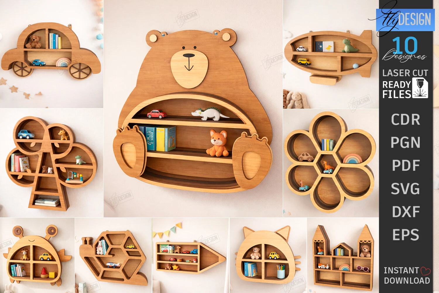Modern Wall Shelf Laser Cut Bundle | CNC featuring bear wall shelf and car shelf