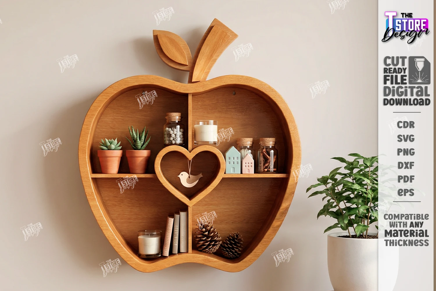 Modern Wall Shelf Laser Cut | Home Décor featuring apple-shaped shelf and wooden storage unit