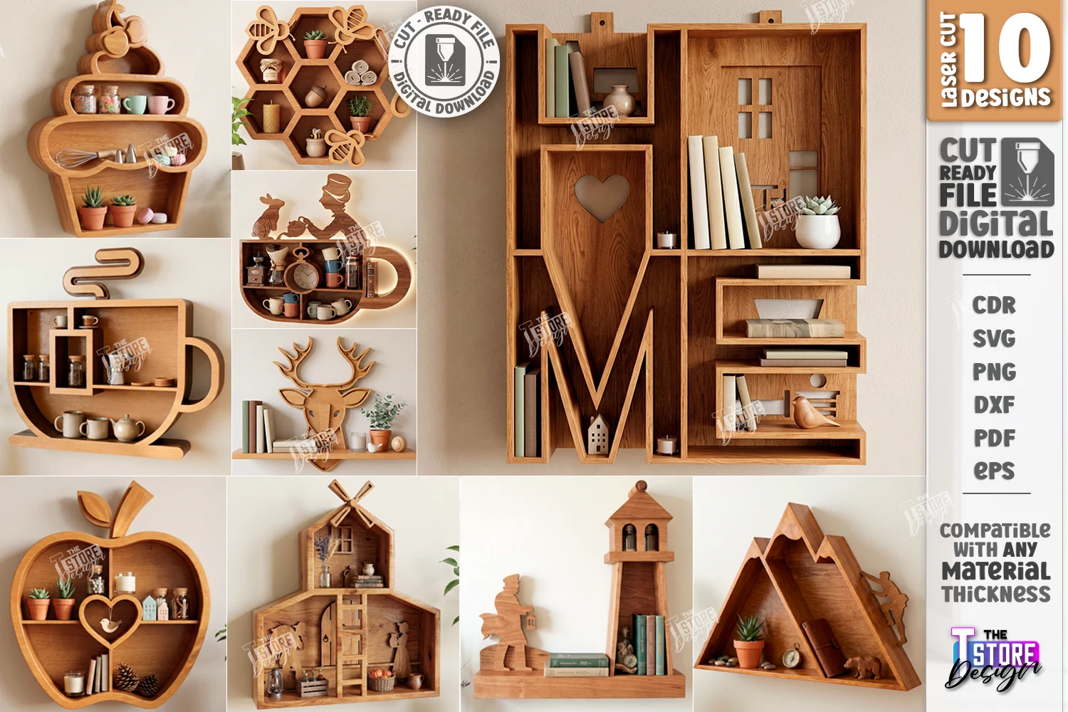 Modern Wall Shelves Laser Cut Bundle|CNC featuring cupcake shelf and honeycomb bee shelf