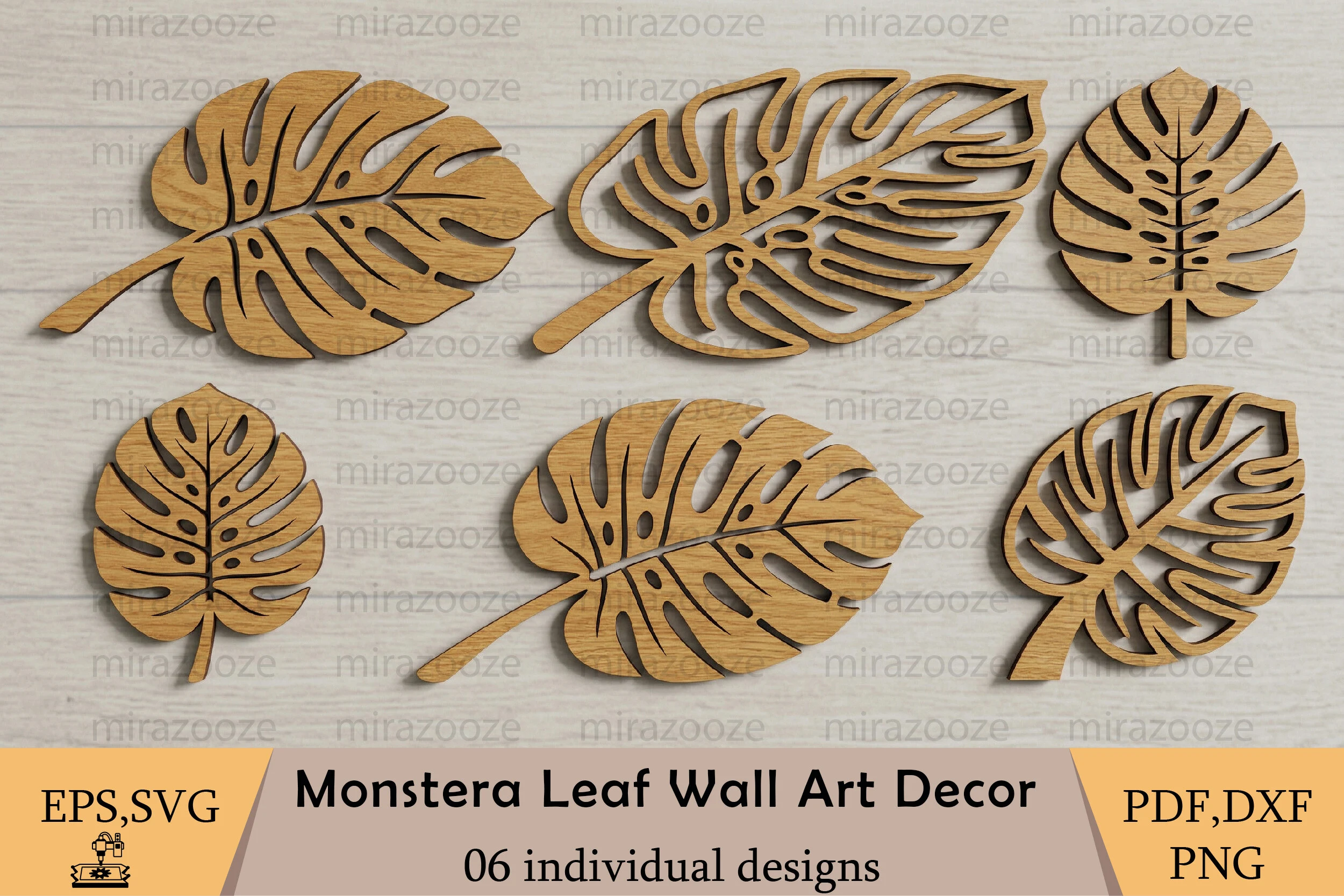 Monstera Leaf Wall Art Decor digital assets featuring six unique Monstera plant leaf illustrations with intricate internal cut-out patterns and a wood grain texture.