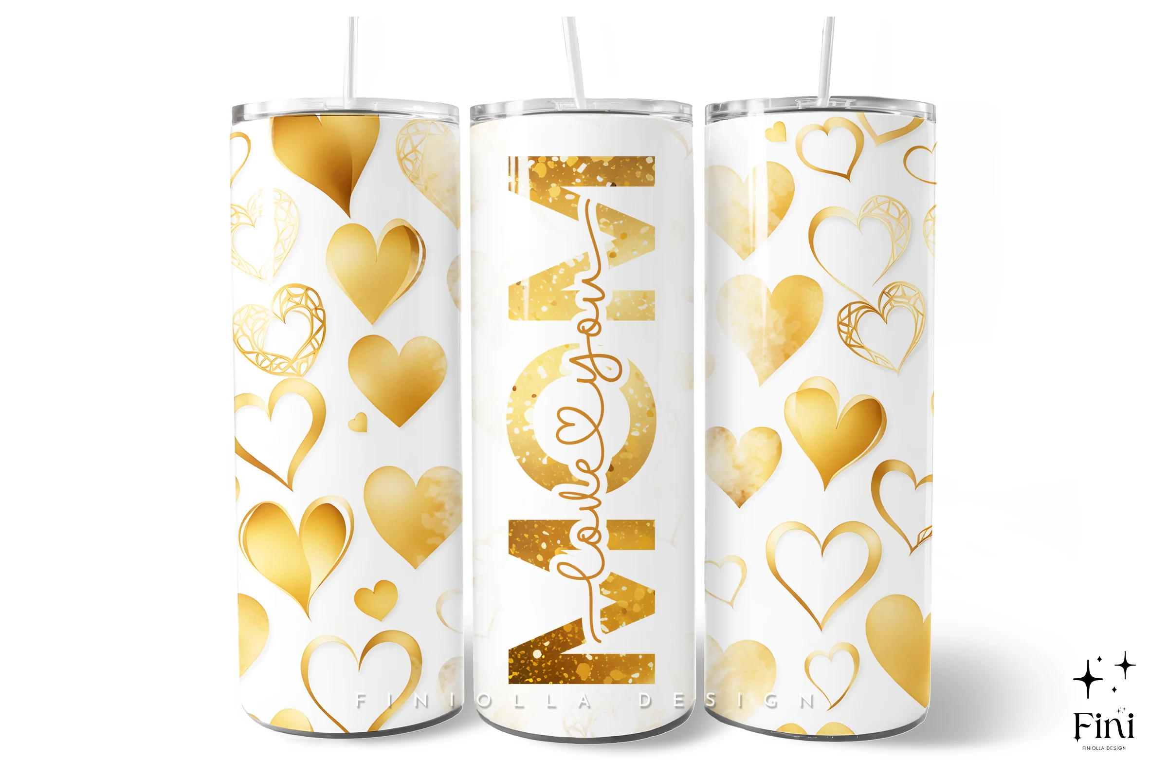 Mother's Day Heart Tumbler Wrap Boho PNG featuring hearts and gold foil texture