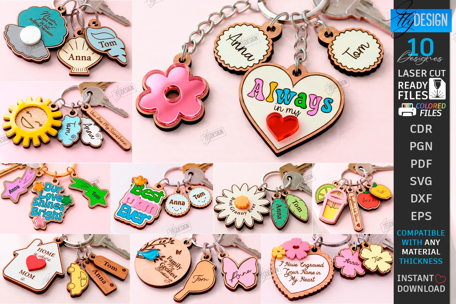 Mother's Day Keychains Laser Cut Bundle featuring keychains and charms