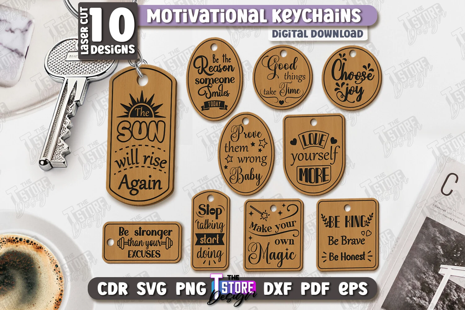 Motivational Keychains Laser Cut Bundle preview showing laser-cut design with silhouette