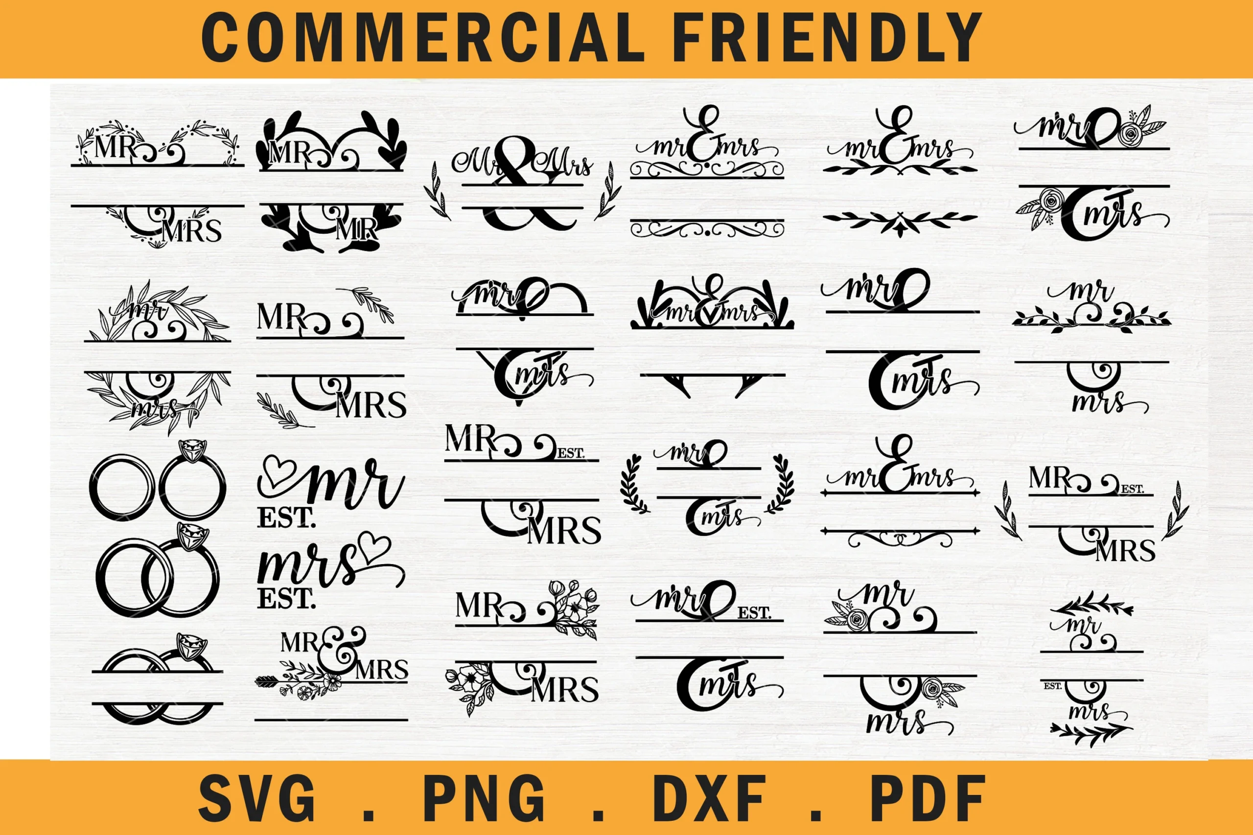 Mr and Mrs Monogram Bundle SVG,wedding featuring Mr. and Mrs. monograms and wedding rings