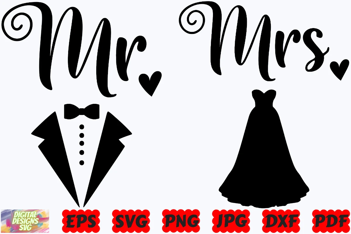 Mr and Mrs SVG | Mr SVG | Mrs SVG | PNG featuring tuxedo and wedding dress