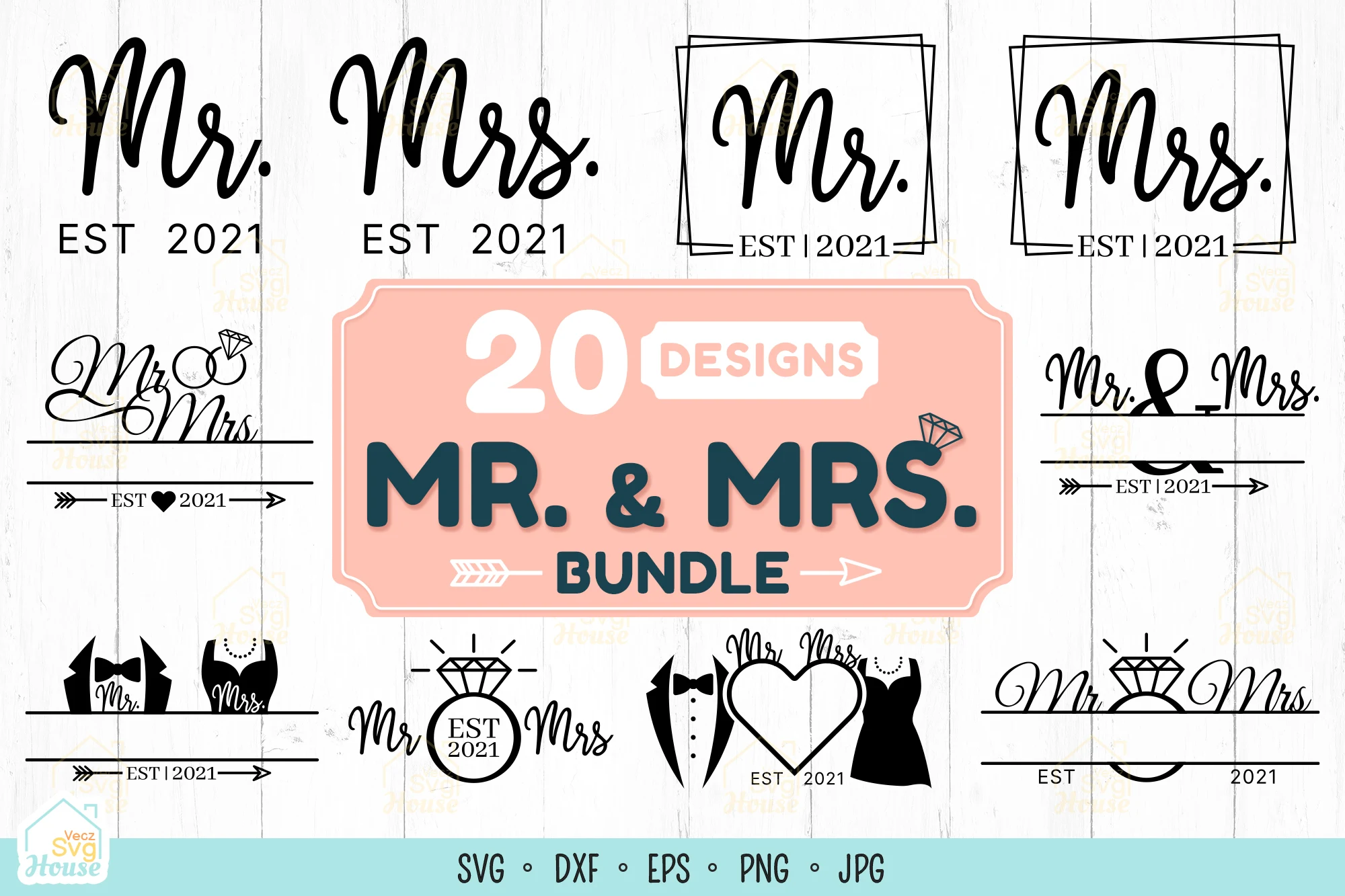 Mr and Mrs Wedding Sign Svg Bundle preview showing SVG design with silhouette