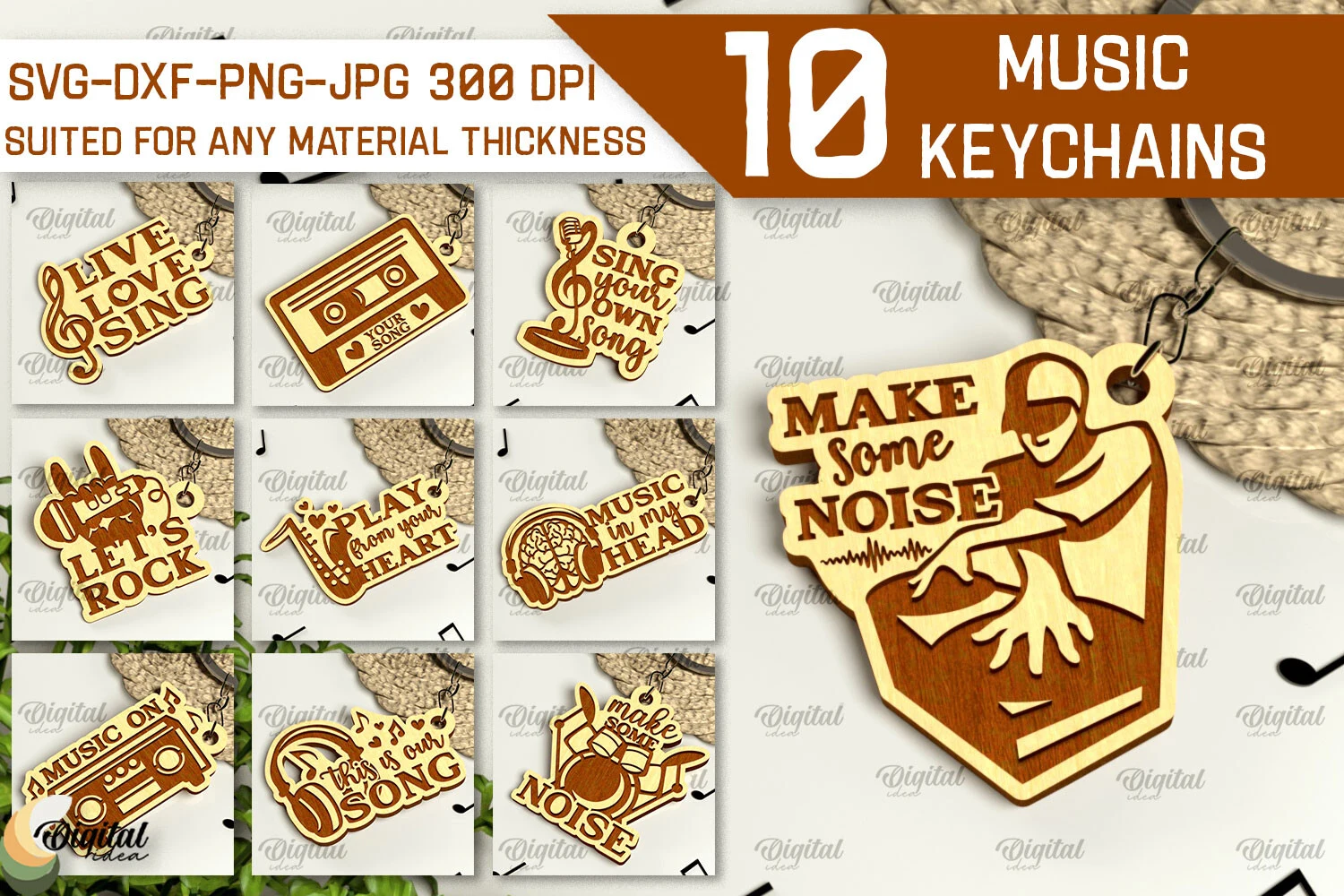 Music Keychains Laser Cut Bundle preview showing laser-cut design with silhouette