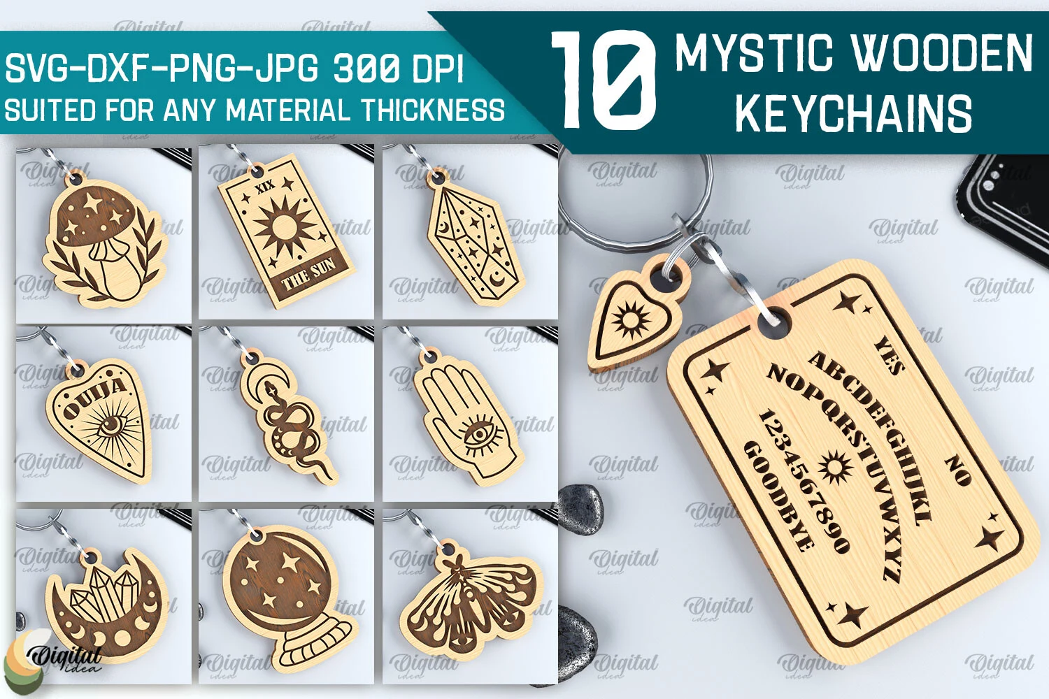 Mystic Wooden Keychains Laser Cut Bundle featuring mushroom and sun tarot card