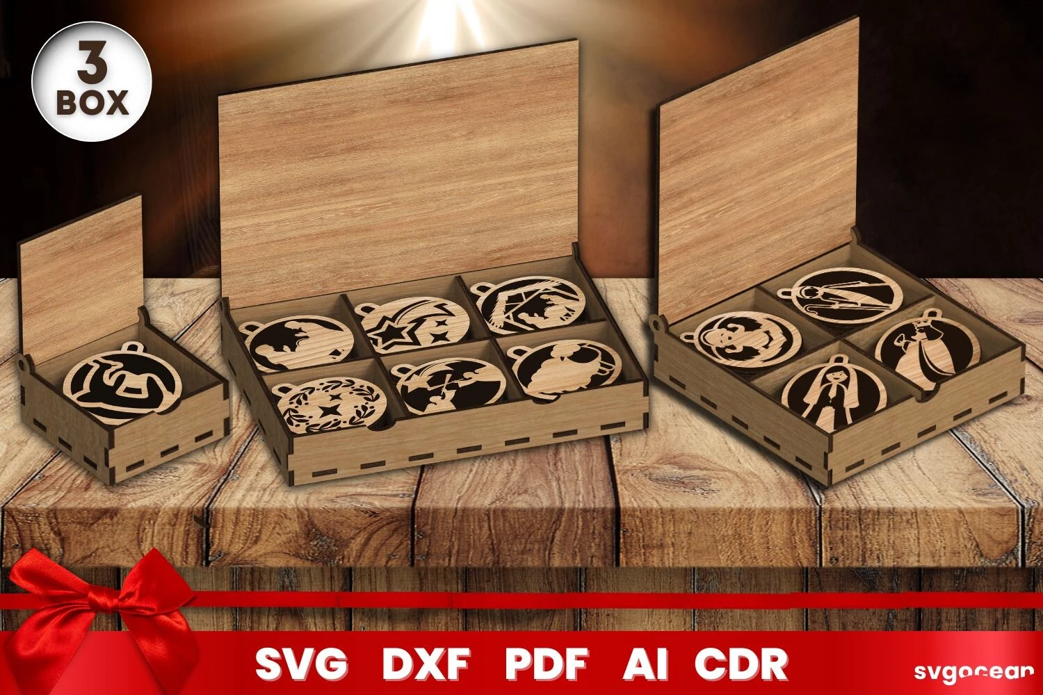 Nativity Ornament Boxes Laser Cut featuring Nativity scene and Christmas ornaments