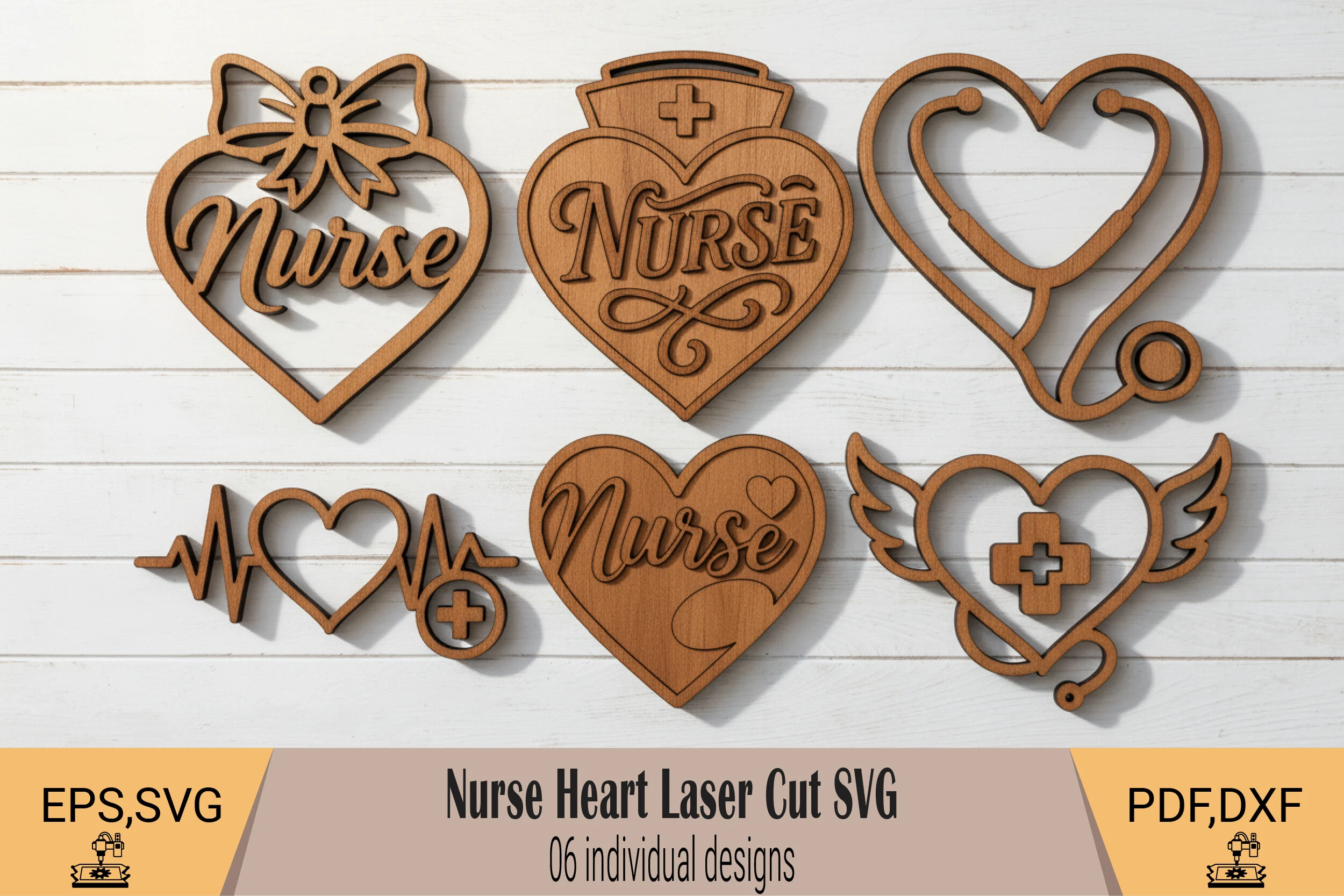 Nurse Heart Laser Cut SVG artwork featuring six wood-style laser-cut designs including hearts, stethoscopes, EKG lines, and medical symbols.