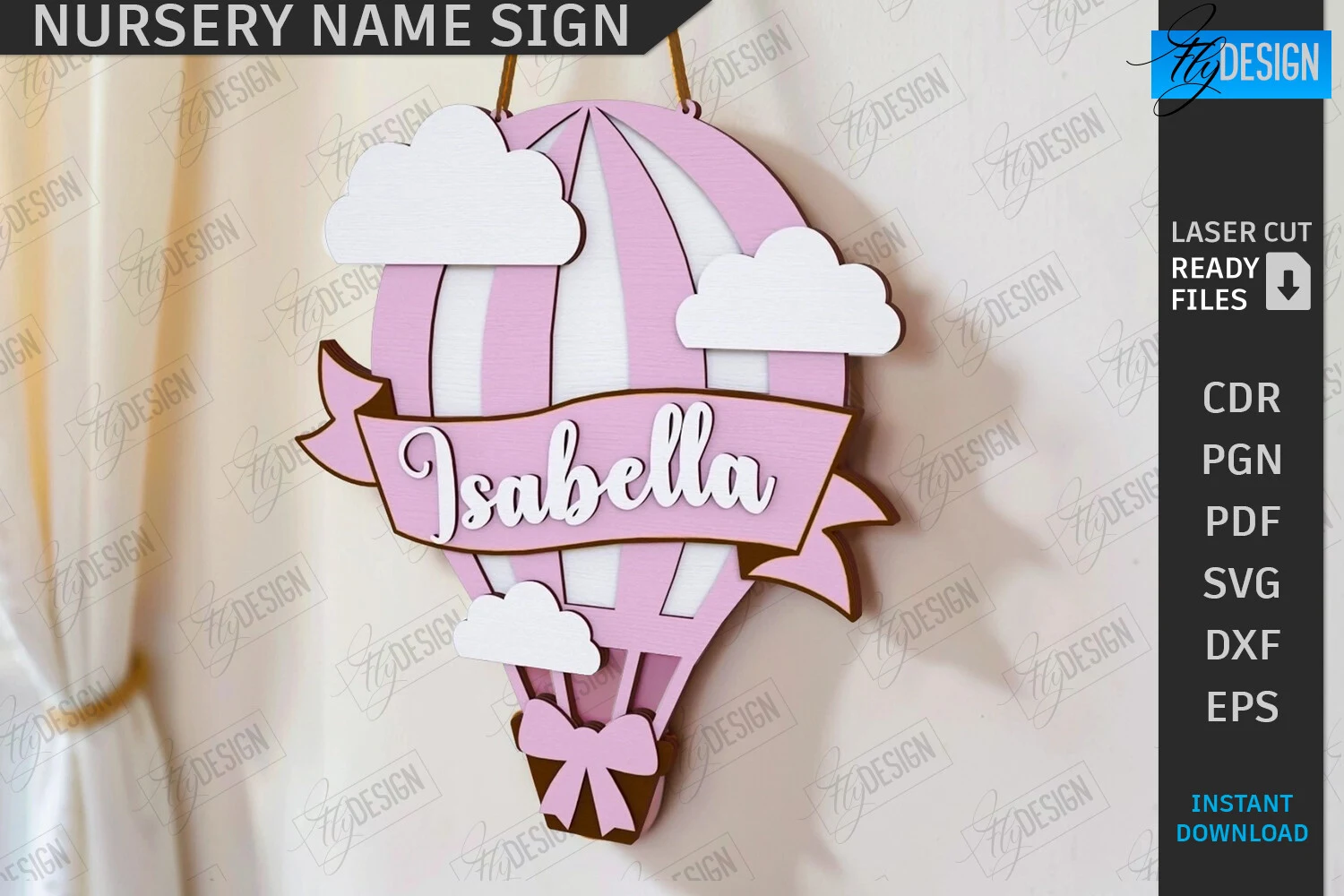 Nursery Name Sign Laser Cut | Home Decor featuring hot air balloon and clouds
