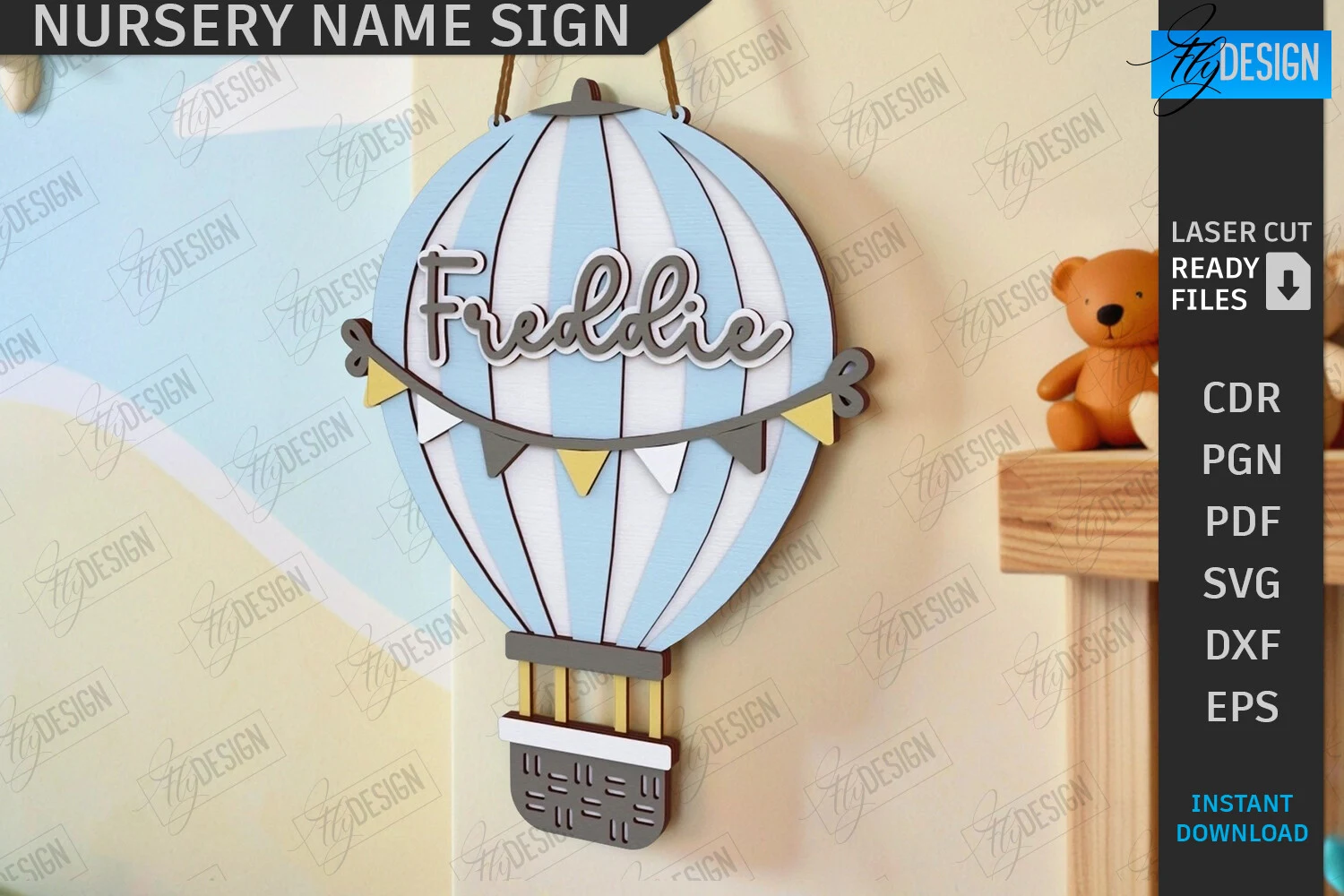 Nursery Name Sign Laser Cut | Home Decor preview showing laser-cut design with friendly character styling
