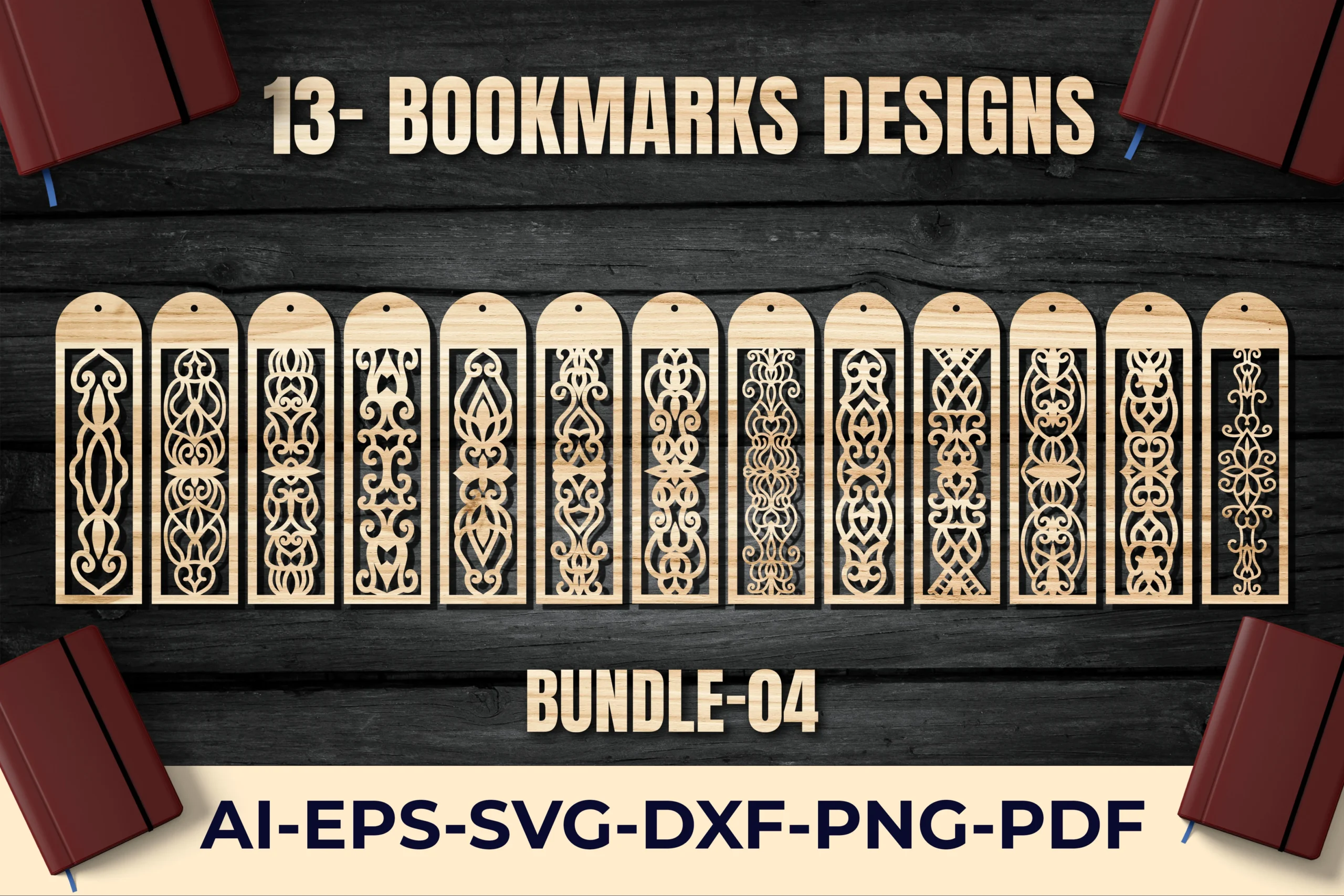 Ornaments Bookmarks Bundle 13 Designs preview showing laser-cut design with silhouette