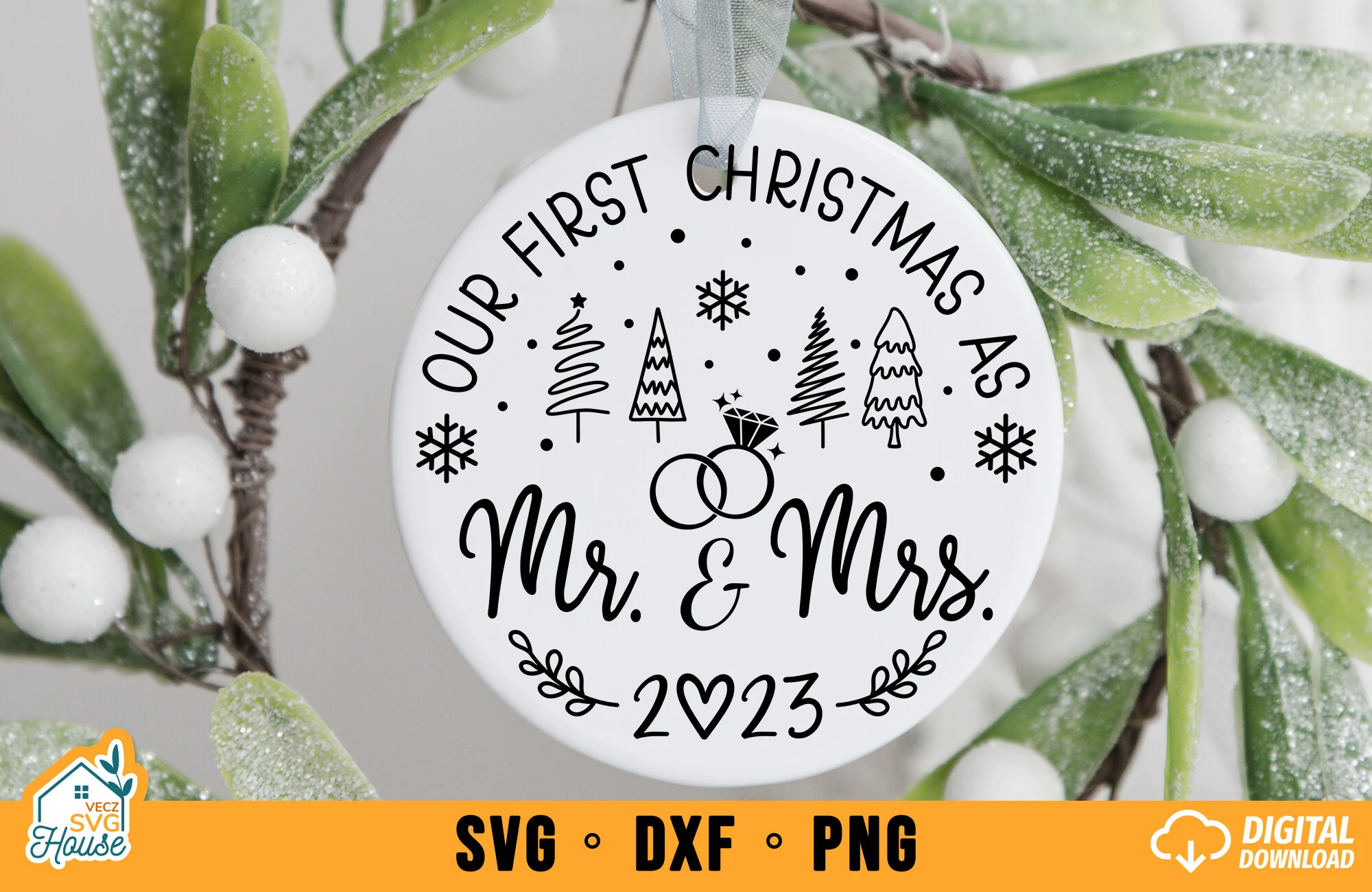 Our First Christmas Mr and Mrs SVG featuring Christmas trees and snowflakes