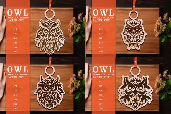 Owl Wooden Keychains Laser Cut Bundle preview showing laser-cut design with silhouette