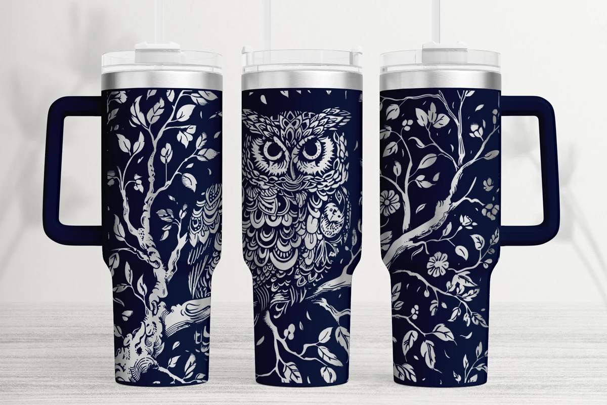 Paisley Owl 40oz Laser Tumbler Wrap SVG featuring owl and tree branches