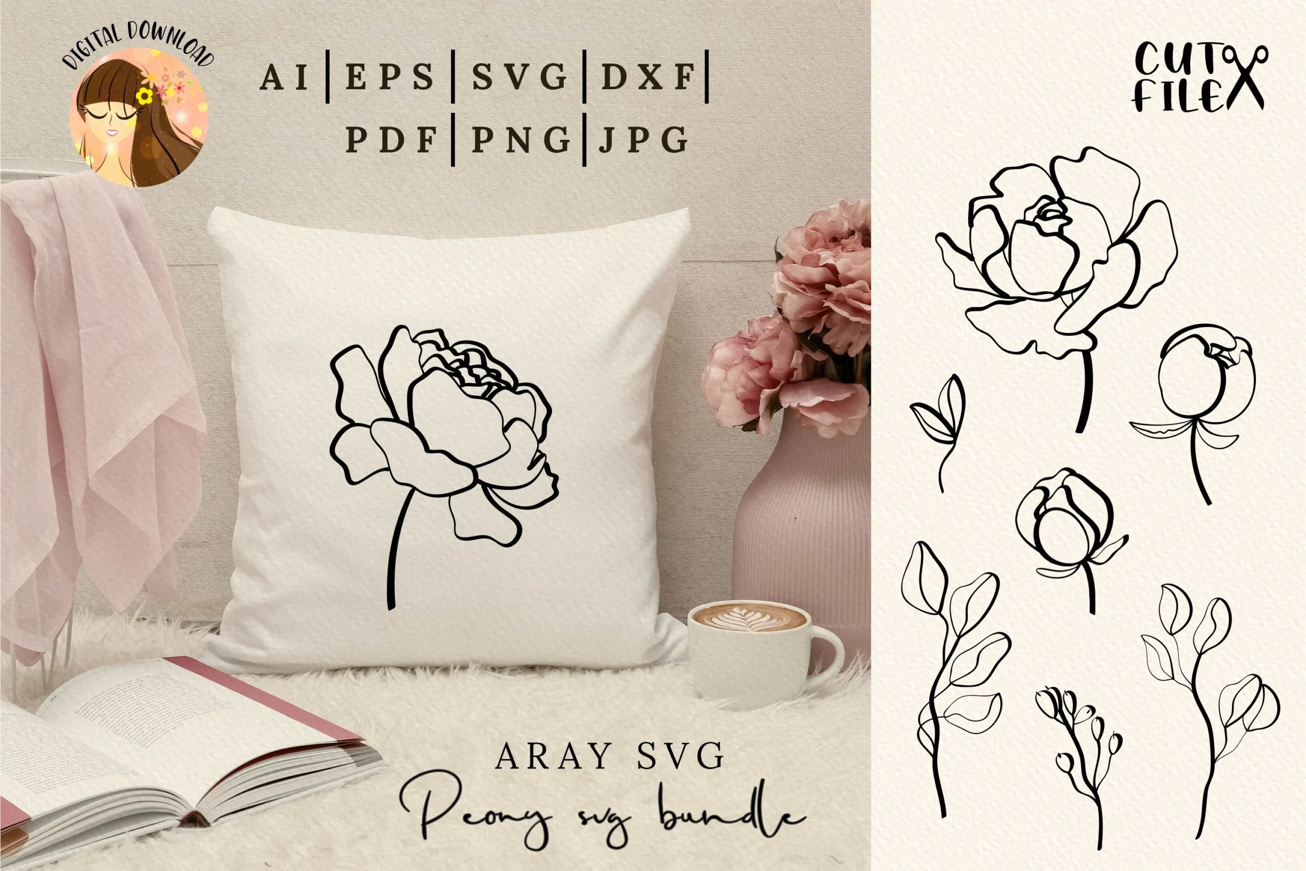 Peony SVG Bundle, Flower SVG Bundle featuring peony flower and flower bud