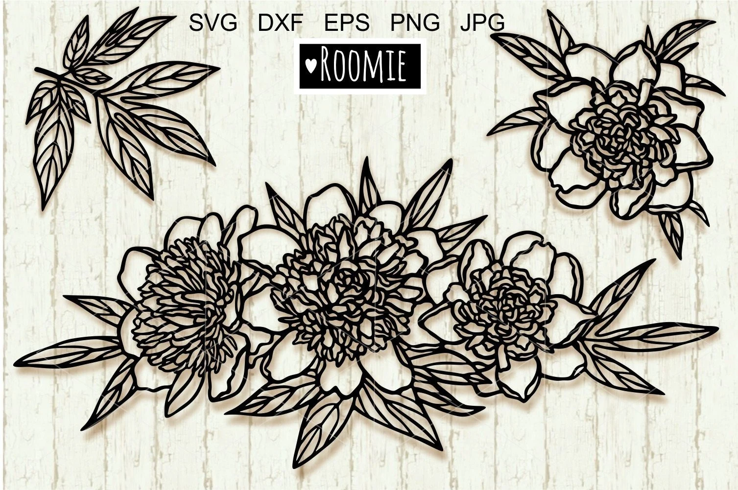 Peony Svg, Line Art Flower Border featuring peonies and floral foliage