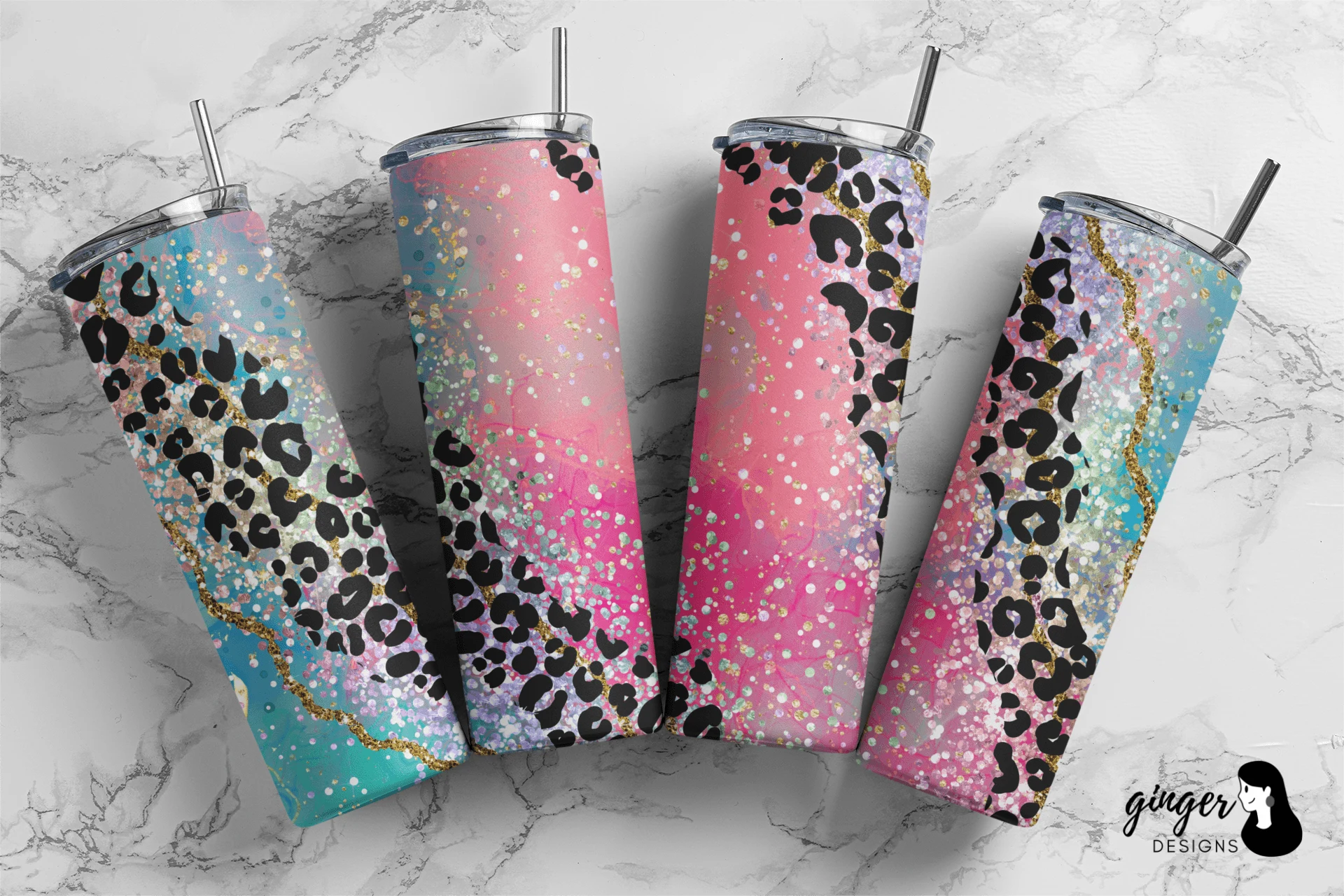 Pink Agate Leopard Skinny Tumbler featuring leopard print and geode stone
