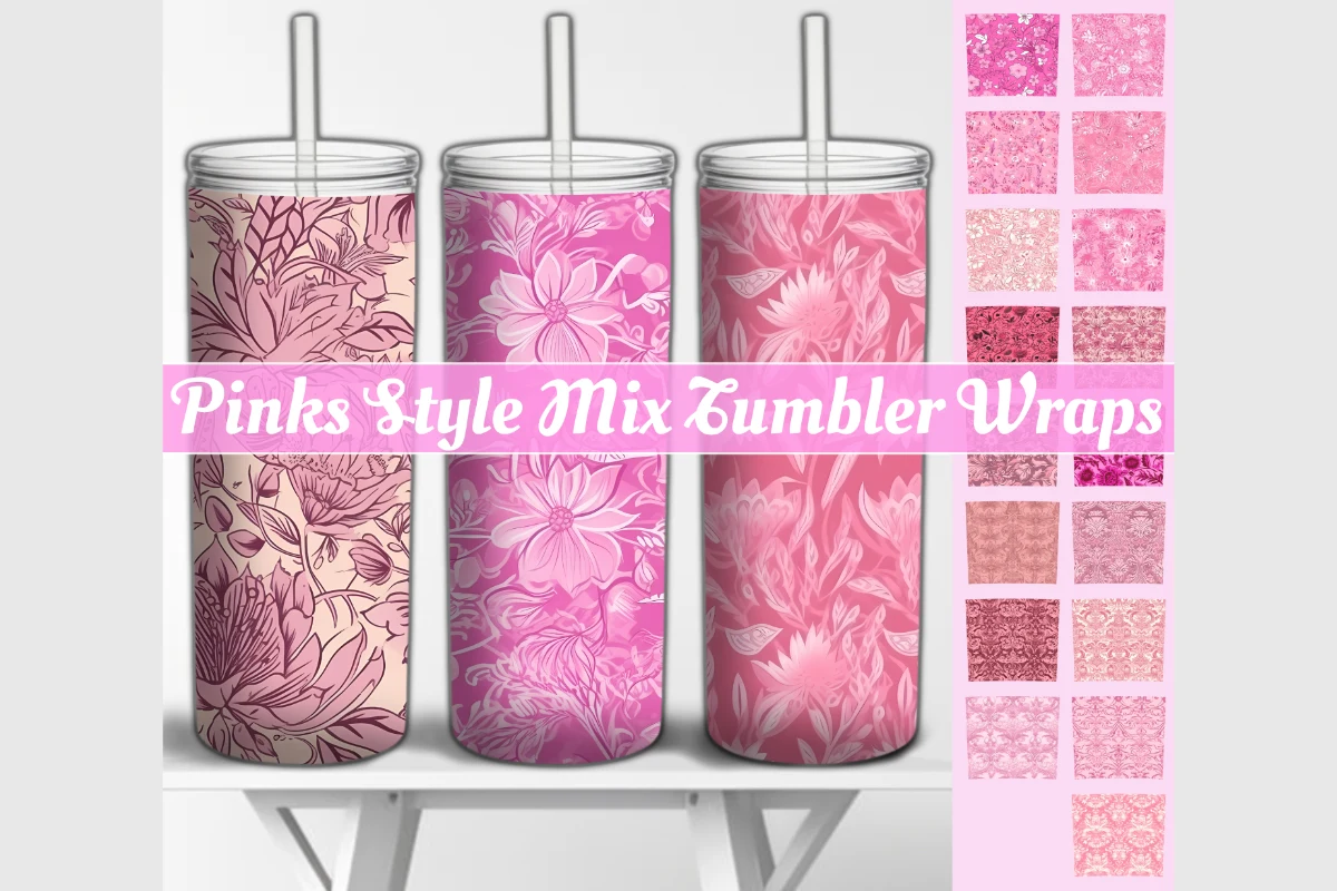 Pink Boho Floral Tumbler Wraps Bundle featuring flowers and botanical leaves