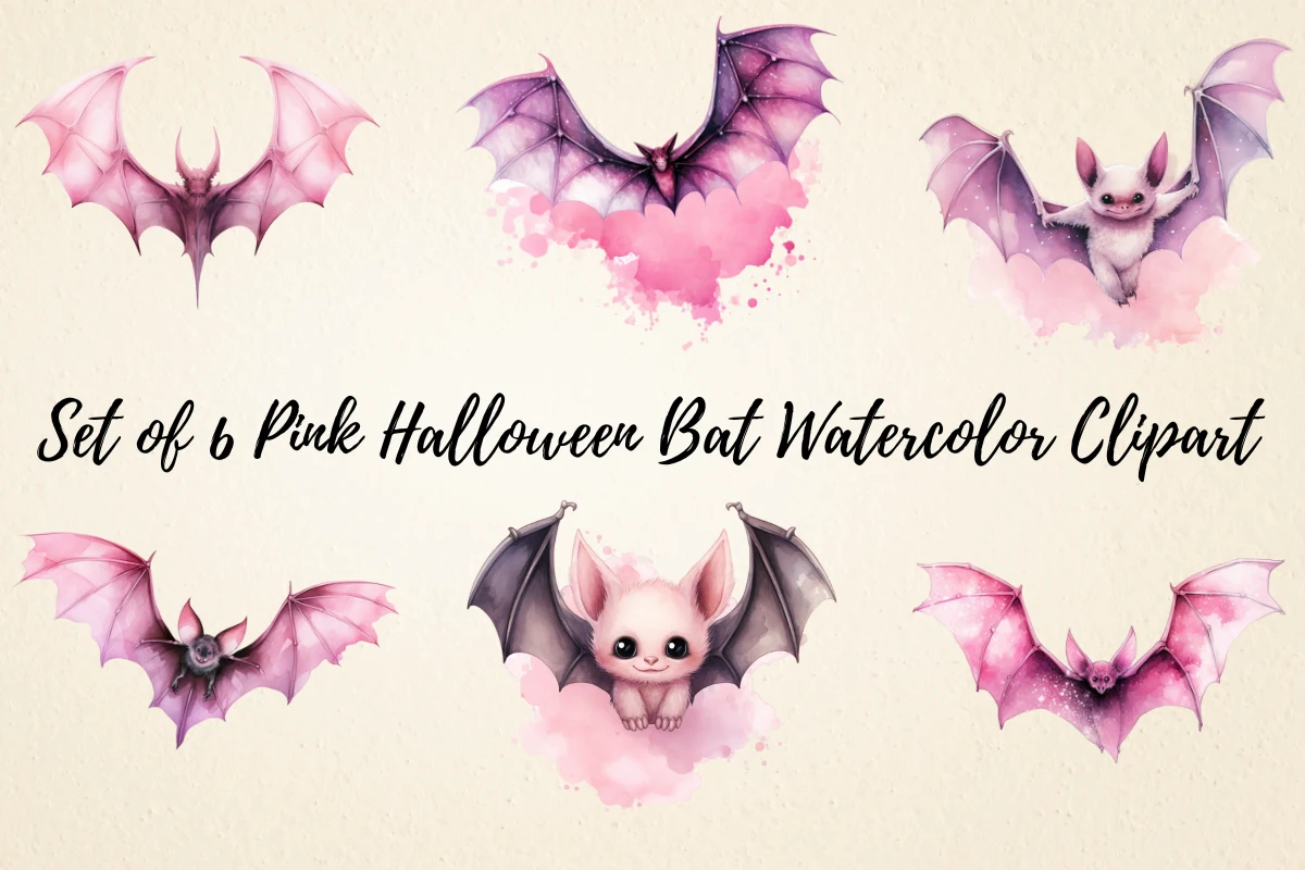 Set of 6 Pink Halloween Bat Watercolor Clipart featuring six individual cute bat characters illustrated in watercolor style with pink and violet tones, arranged on a cream-colored background.
