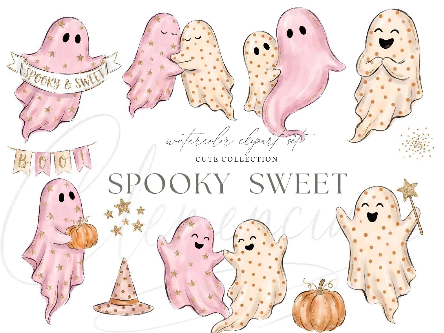 Pink Halloween Ghost Clipart PNG featuring ghosts and pumpkins