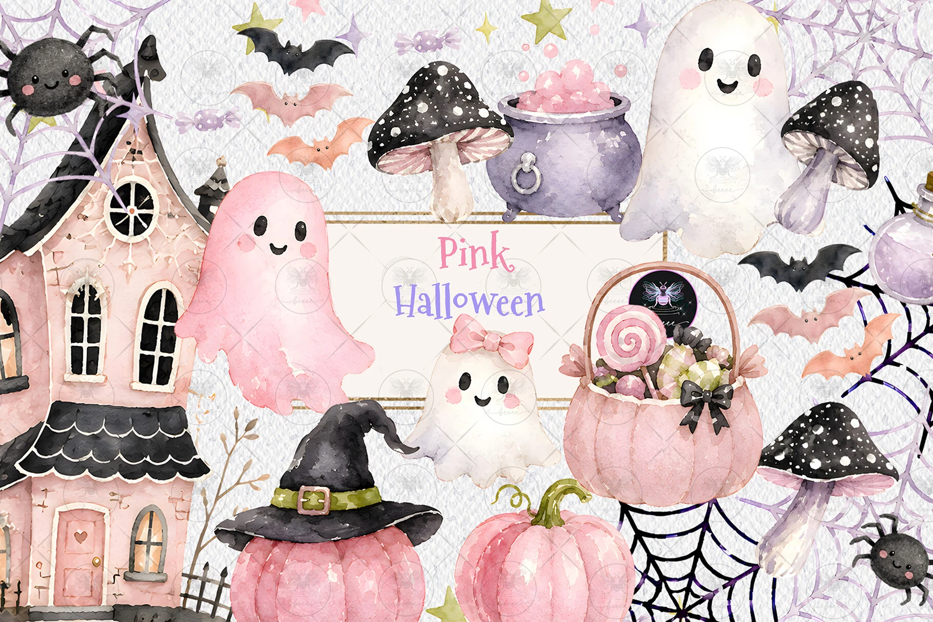 Pink Halloween Ghost Clipart featuring haunted house and ghosts