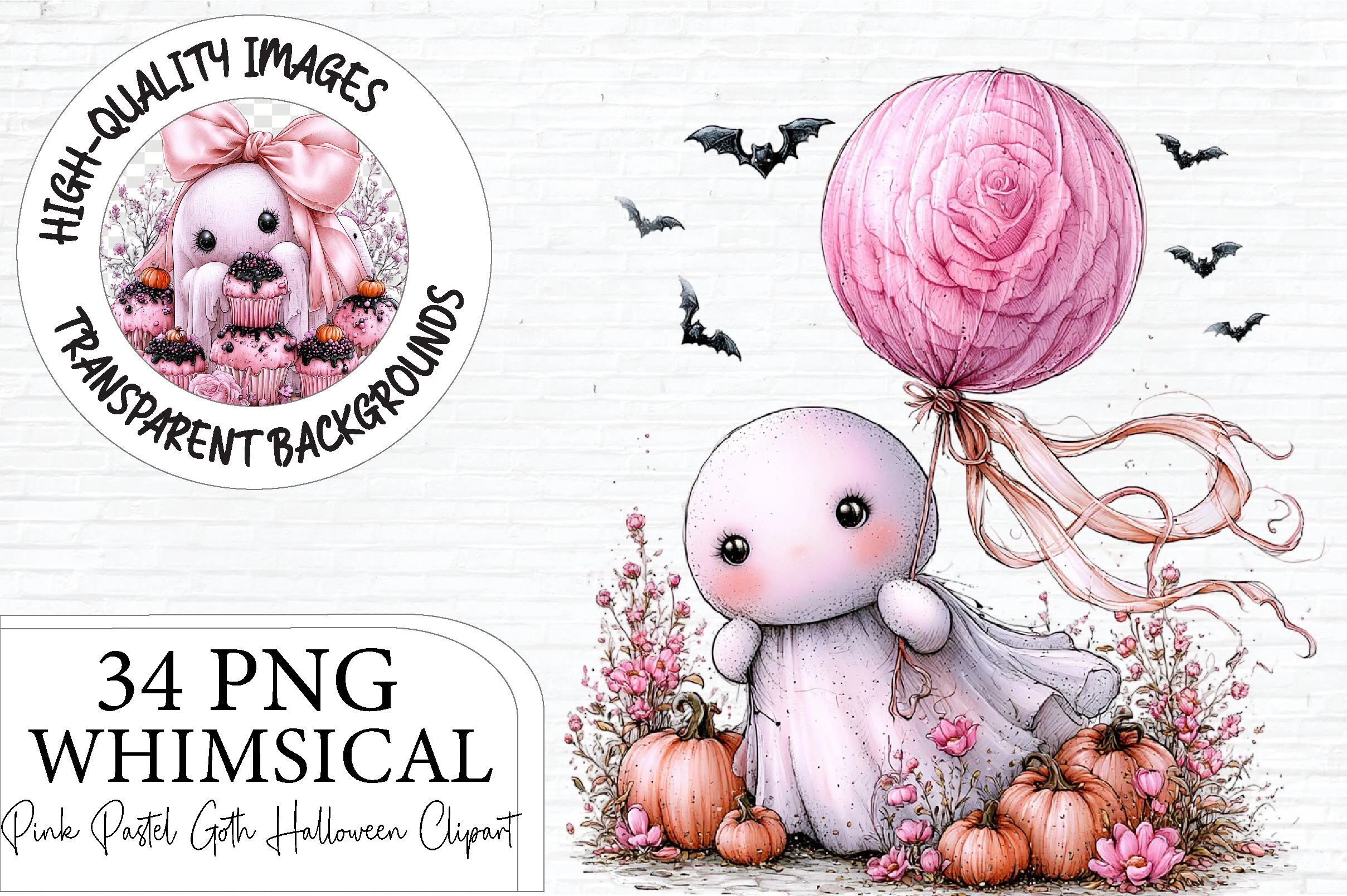 Pink Pastel Goth Halloween Ghost Clipart preview showing ghosts with friendly character styling