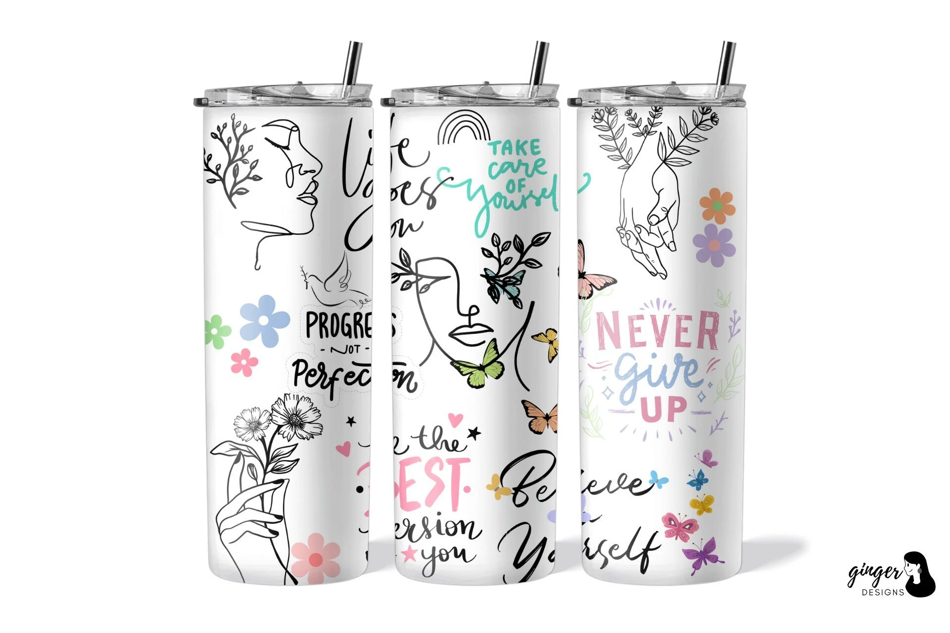 Positive Affirmations 20oz Tumbler Wraps featuring line art faces and hands
