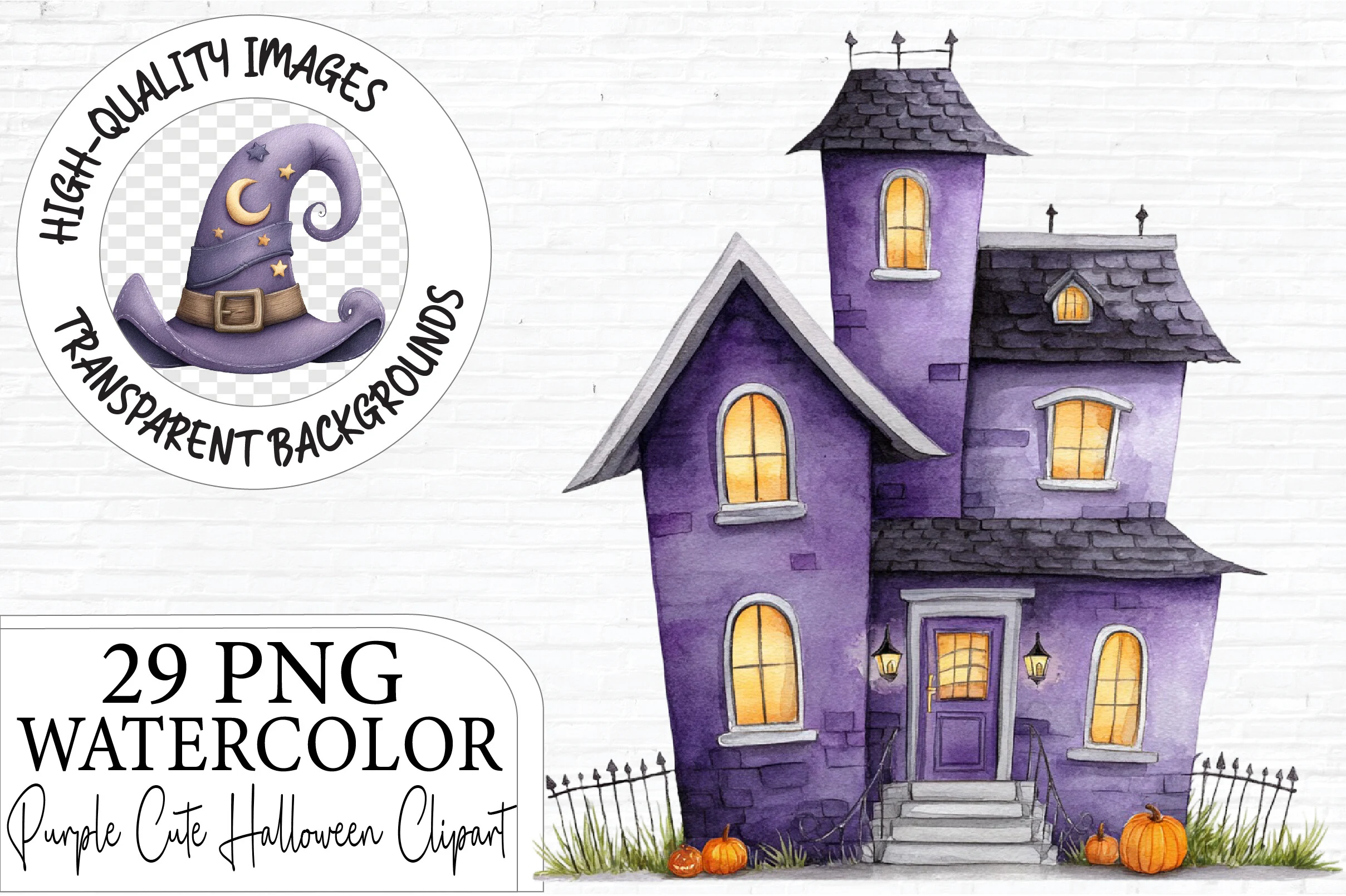 Purple Cute Halloween Clipart Bundle featuring haunted house and witch hat