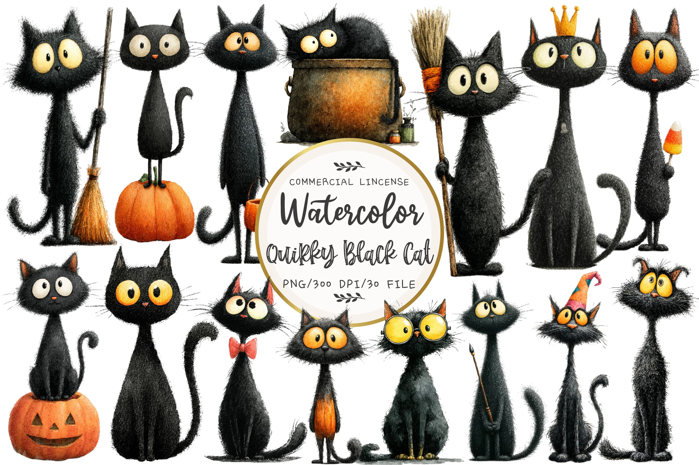 Quirky Halloween Black Cat Clipart preview showing cats with composition