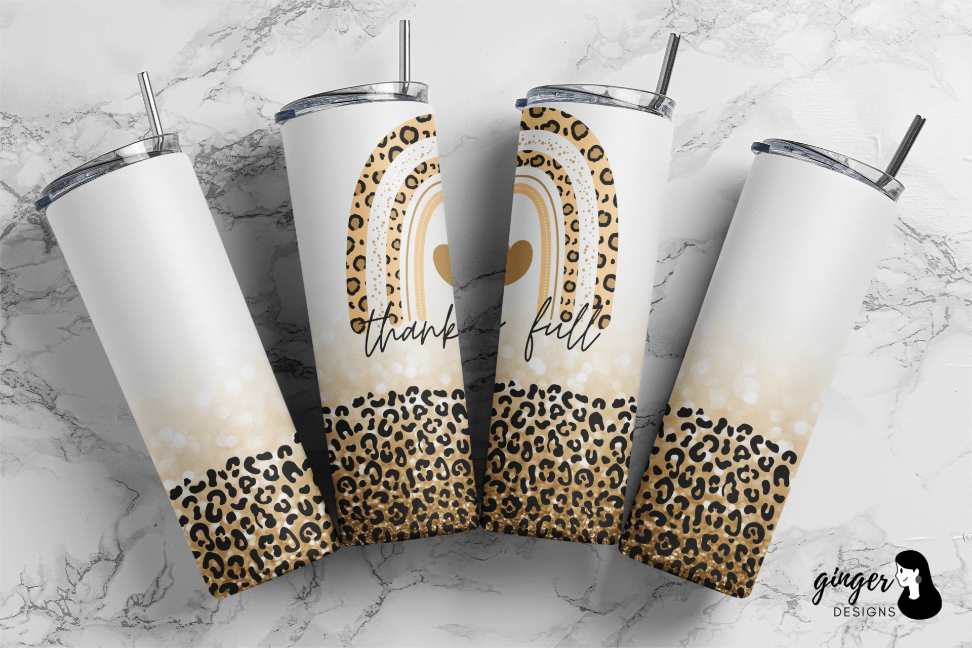 Rainbow Leopard Gritter Skinny Tumbler featuring rainbow and heart