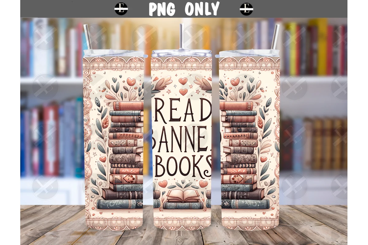 Read Banned Books Tumbler Wraps Wrap PNG featuring stacks of books and open book