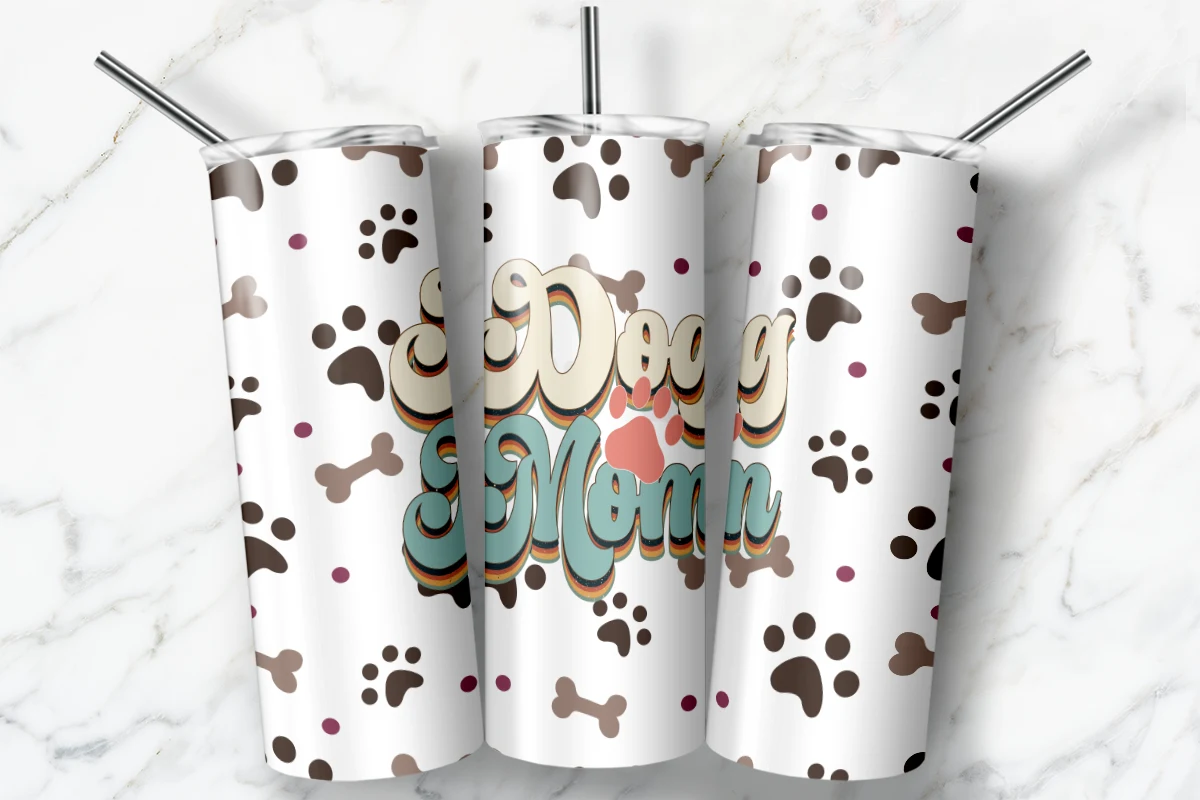 Retro Dog Mom Vintage Seamless Tumbler featuring dog paw prints and dog bones