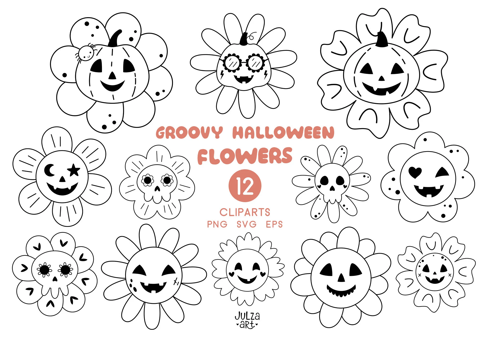 Retro Groovy Halloween Flower Clipart featuring jack-o'-lanterns and skulls