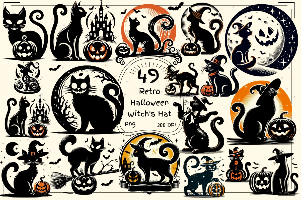 Retro Halloween Cat Silhouette Clipart preview showing cats with period-inspired styling
