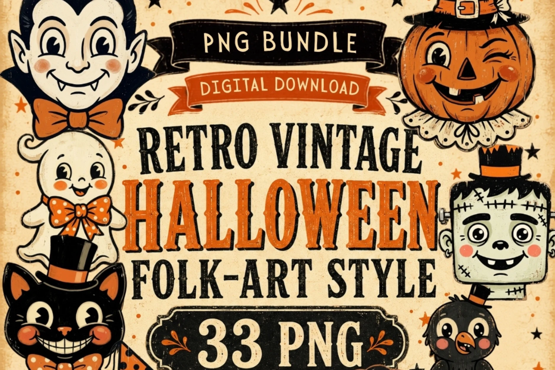 Retro Vintage Halloween Clipart Bundle featuring vampire and jack-o'-lantern