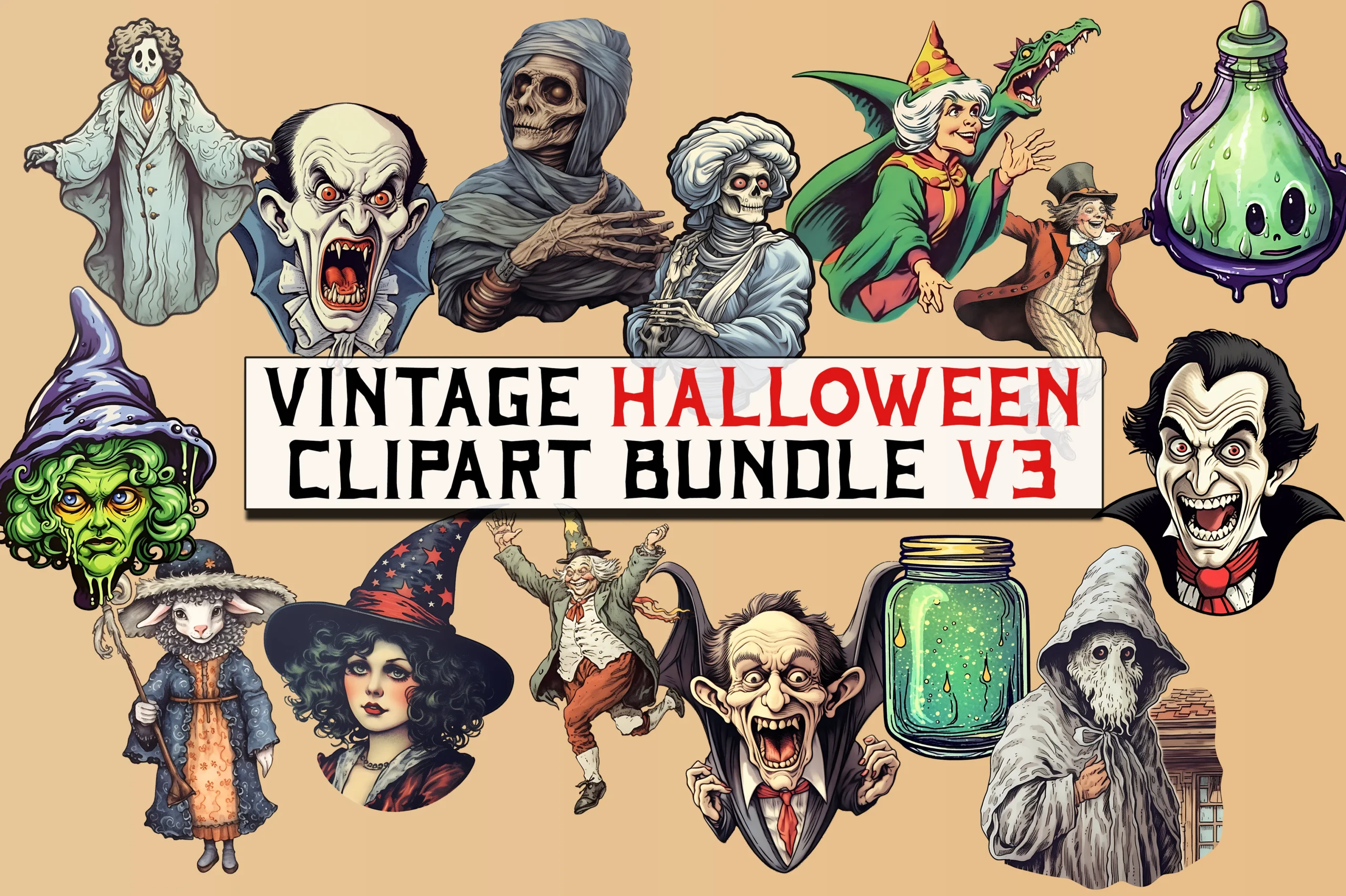 Retro Vintage Halloween Clipart Bundle featuring ghost and vampire
