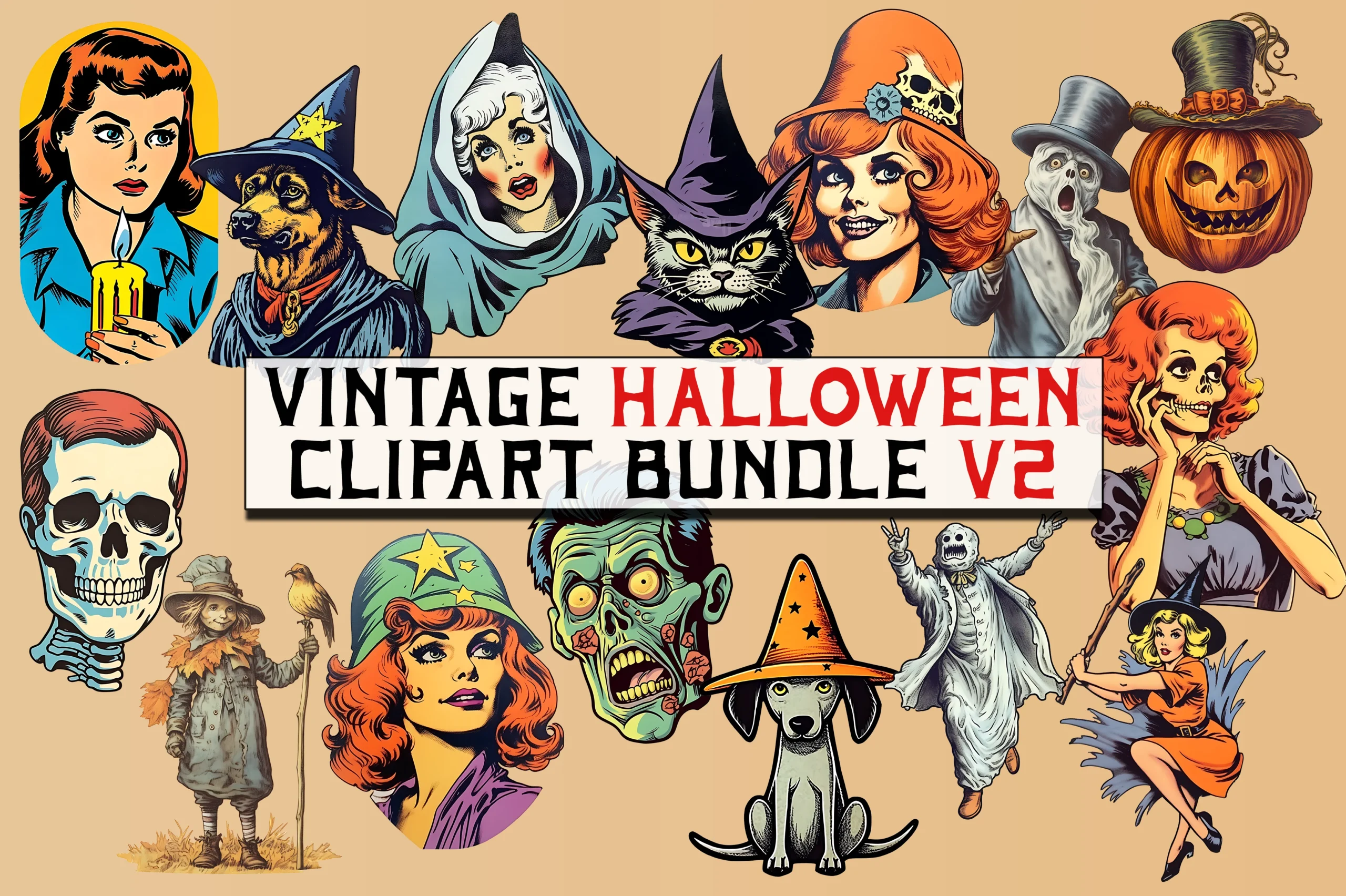 Retro Vintage Halloween Clipart Bundle featuring witch and cat