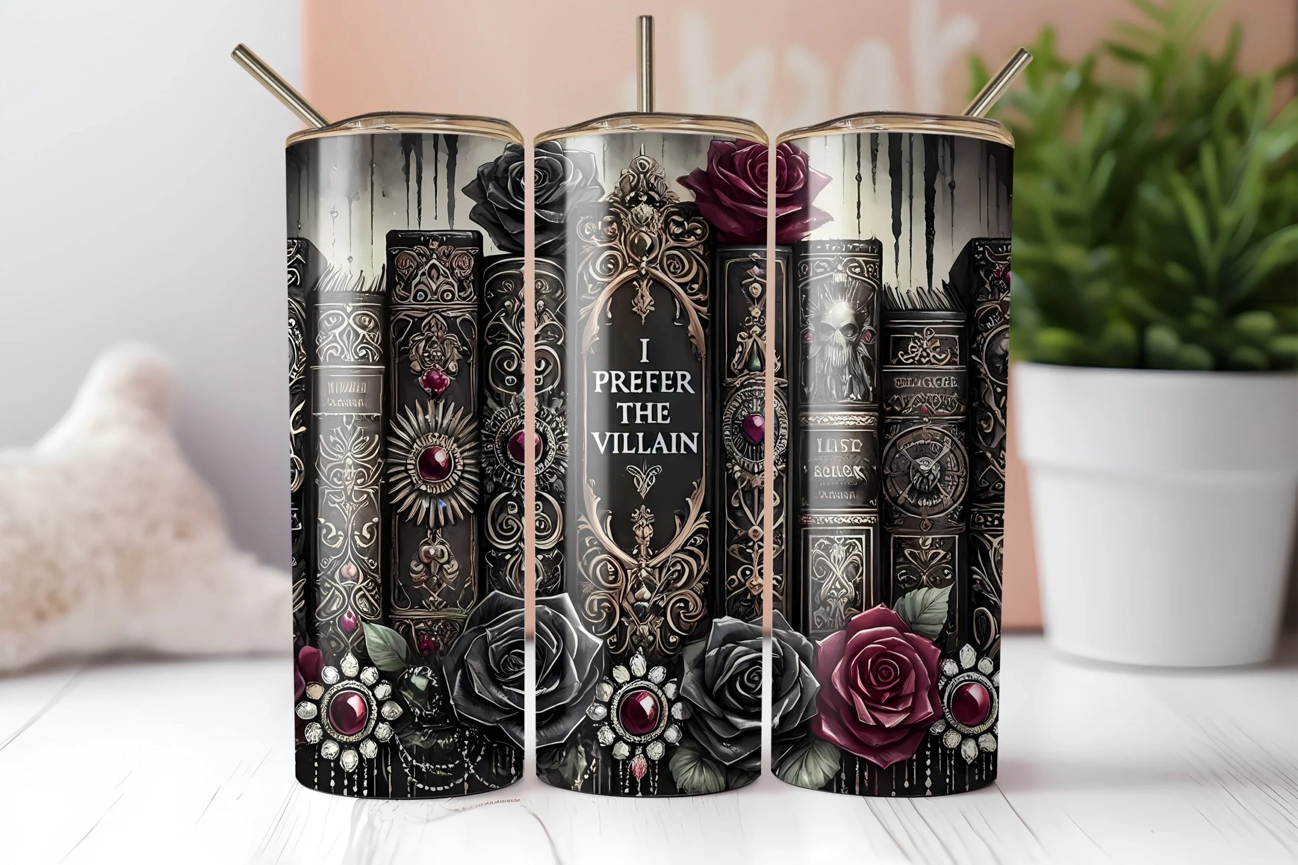 Romantasy Prefer the Villain Book Lover featuring vintage books and roses