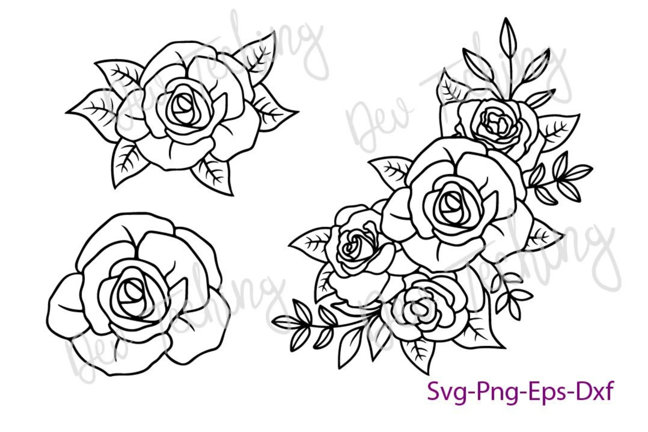 Rose Flower Outline Svg featuring rose and leaves