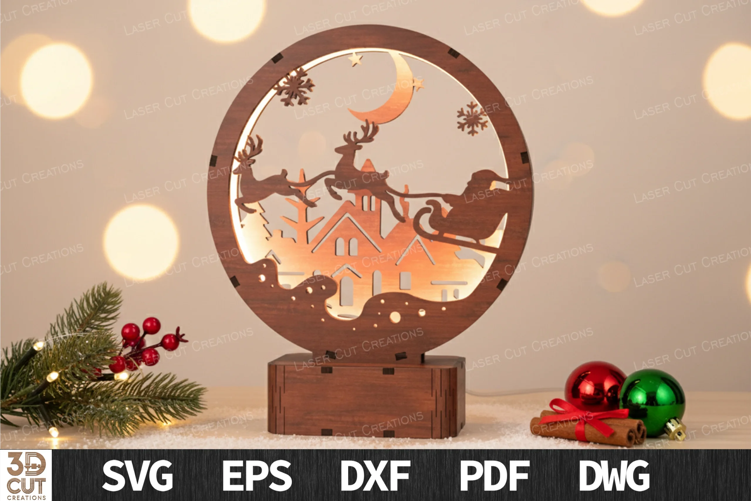 Santa Sleigh Layered Christmas Light Box preview showing Christmas motifs with layered depth