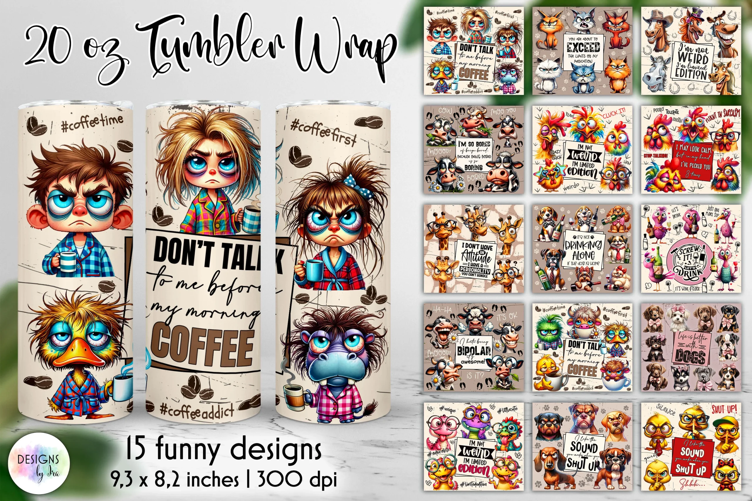 Sarcastic Quotes Tumbler Wrap Bundle featuring anthropomorphic characters and monsters