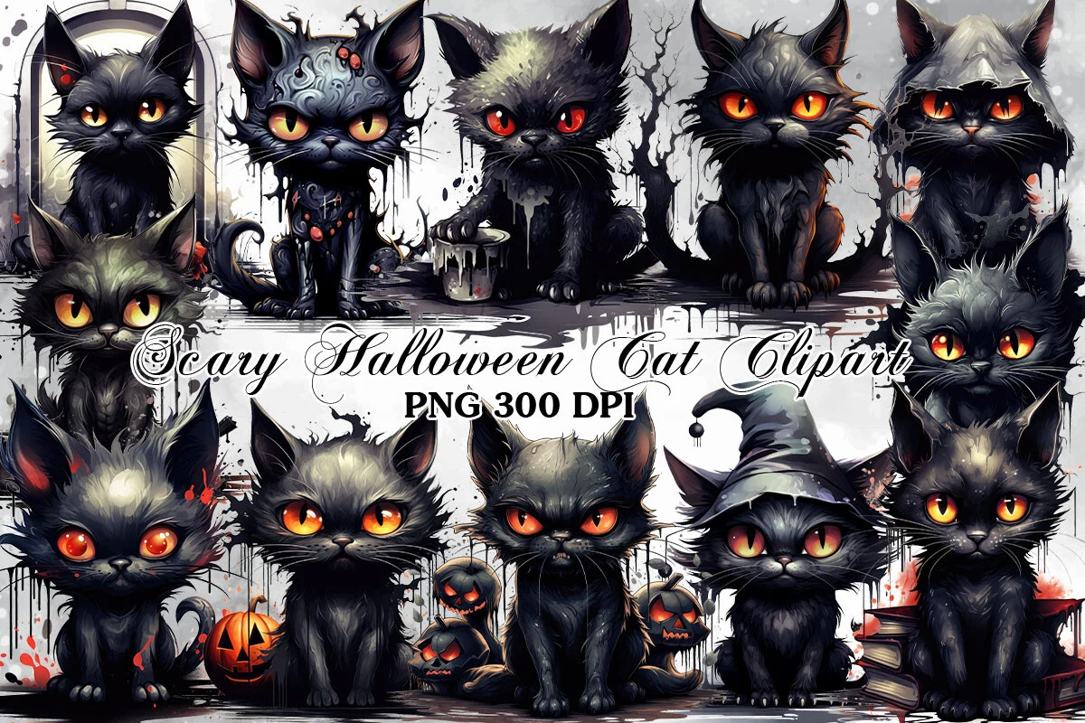 Scary Halloween Cat Watercolor Clipart preview showing cats with soft watercolor texture