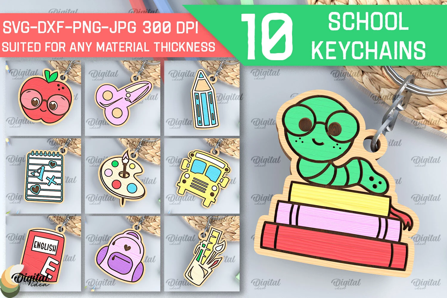 School Wooden Keychains Laser Cut Bundle preview showing laser-cut design with silhouette