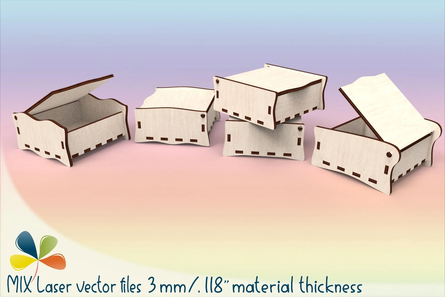 Set of 5 Small Svg Boxes with Lids featuring wooden storage box and hinged box